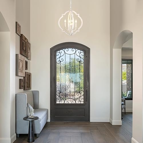 Miniatura 5 de Candelabro rústico de estilo rústico para comedor, iluminación colgante de madera blanca, 4 luces, pequeñas lámparas colgantes francesas para