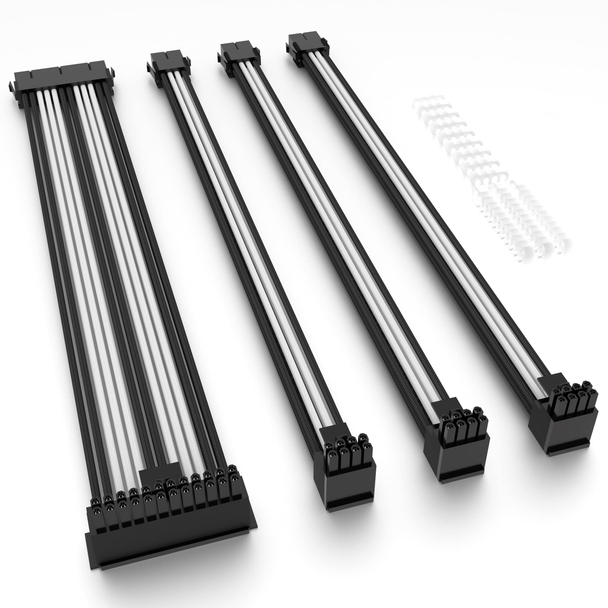 OVOVO Power Supply PSU Sleeved Extension Cable with 90 Degree Right Angled PSU Connector Adapter with Combs (4er Pack - 90°, 300mm - White-Black)