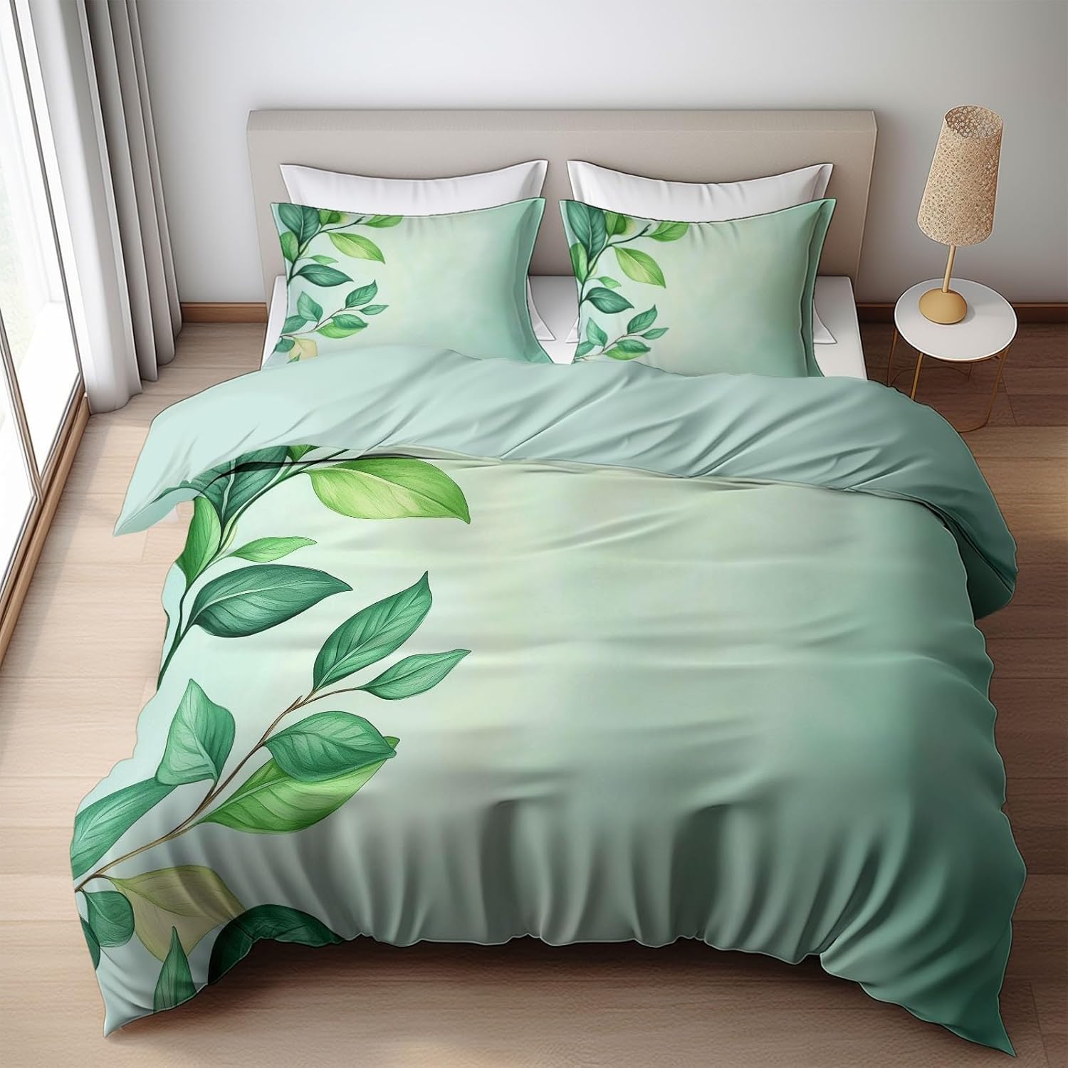 Parure housse couette 2 personnes anti-glissement en microfibre motif plante verte 220x240