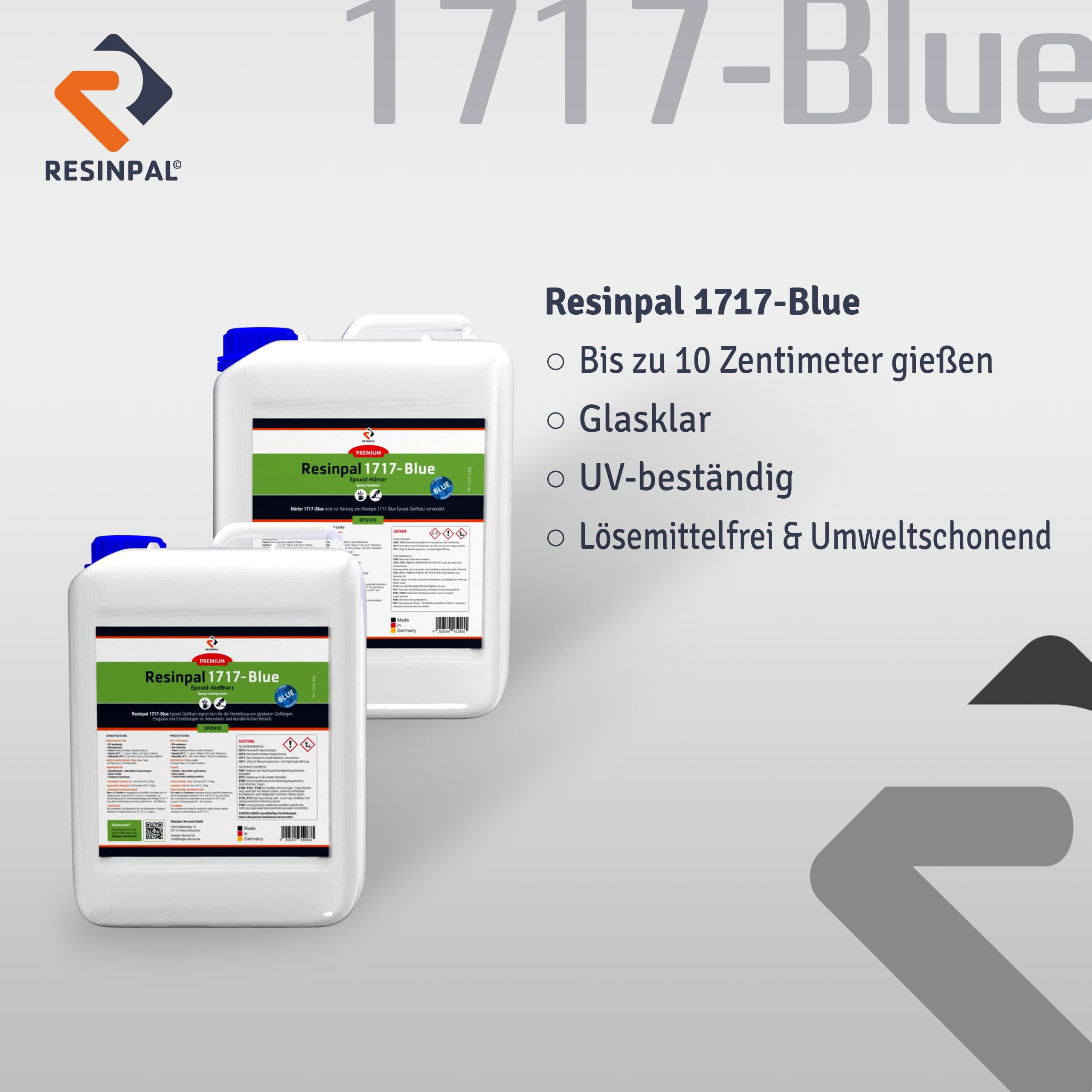 Gießharz glasklar | 20 kg Resinpal 1717-Blue + 10 kg Härter Set | Epoxidharz kristallklar | UV-Stabiles Giessharz | Resin zum Gießen | Dickschichtharz bis 10 cm und 5 kg | Für Anfänger & Profis |