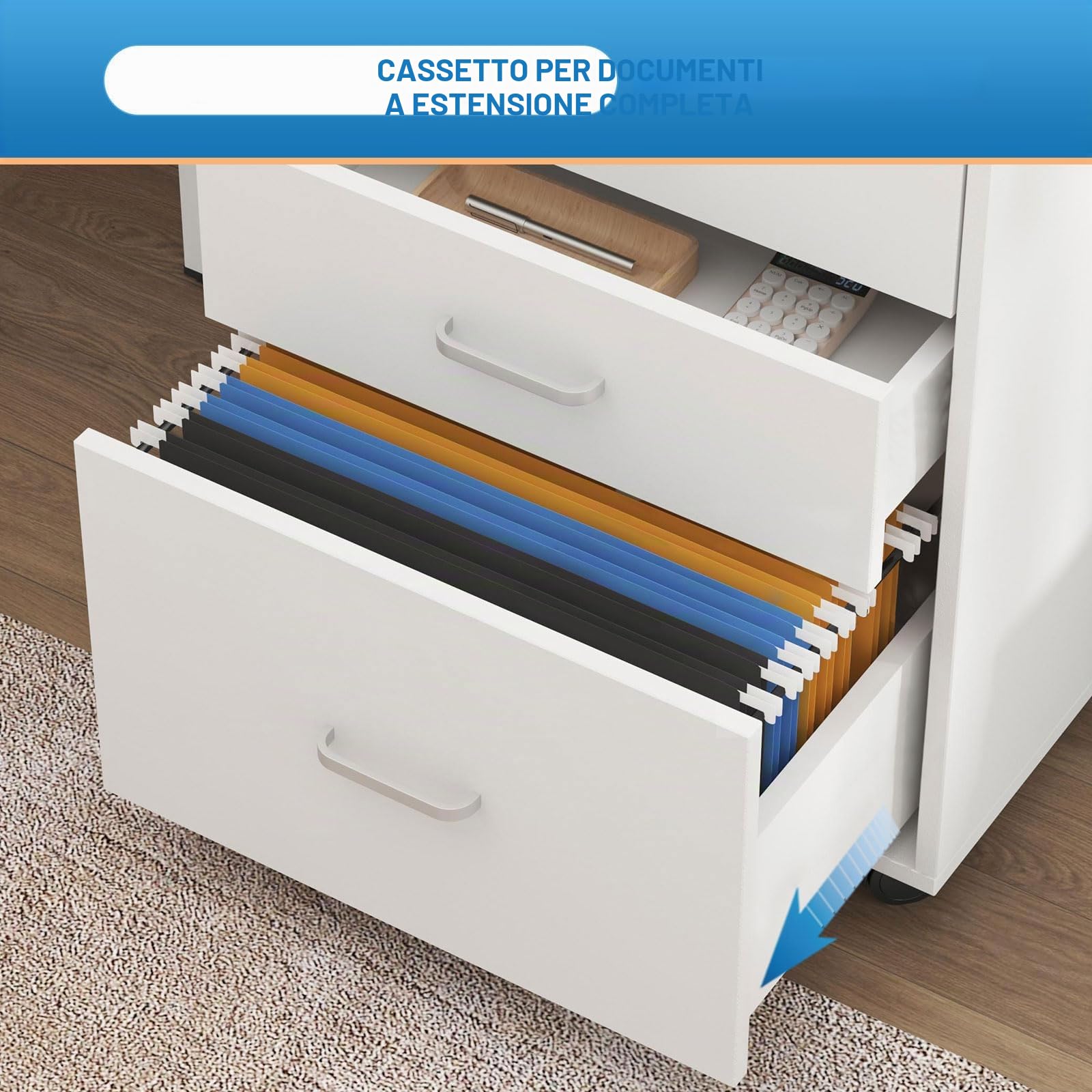 SogesHome Cassettiera da Ufficio Studio Scrivania Armadio per Archiviazione su Rotelle Mobile Contenitore con Serratura con 3 Cassetti, Bianco