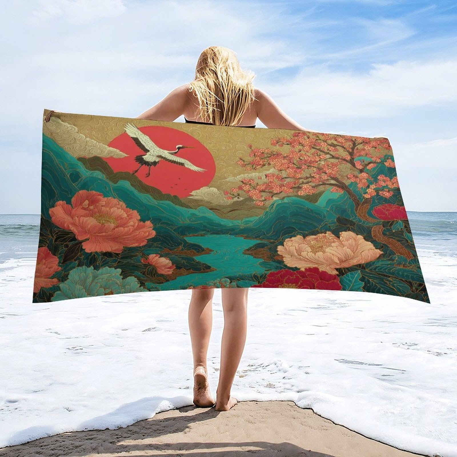 Luyysky Beautiful Elegant Animal Crane Absorbent Beach Towel, Vintage Japanese Red Sun Peonies Cherry Blossoms Flowers Outdoor Single-Sided Velvet Beach Towel-80 W Cm X 160" L Cm
