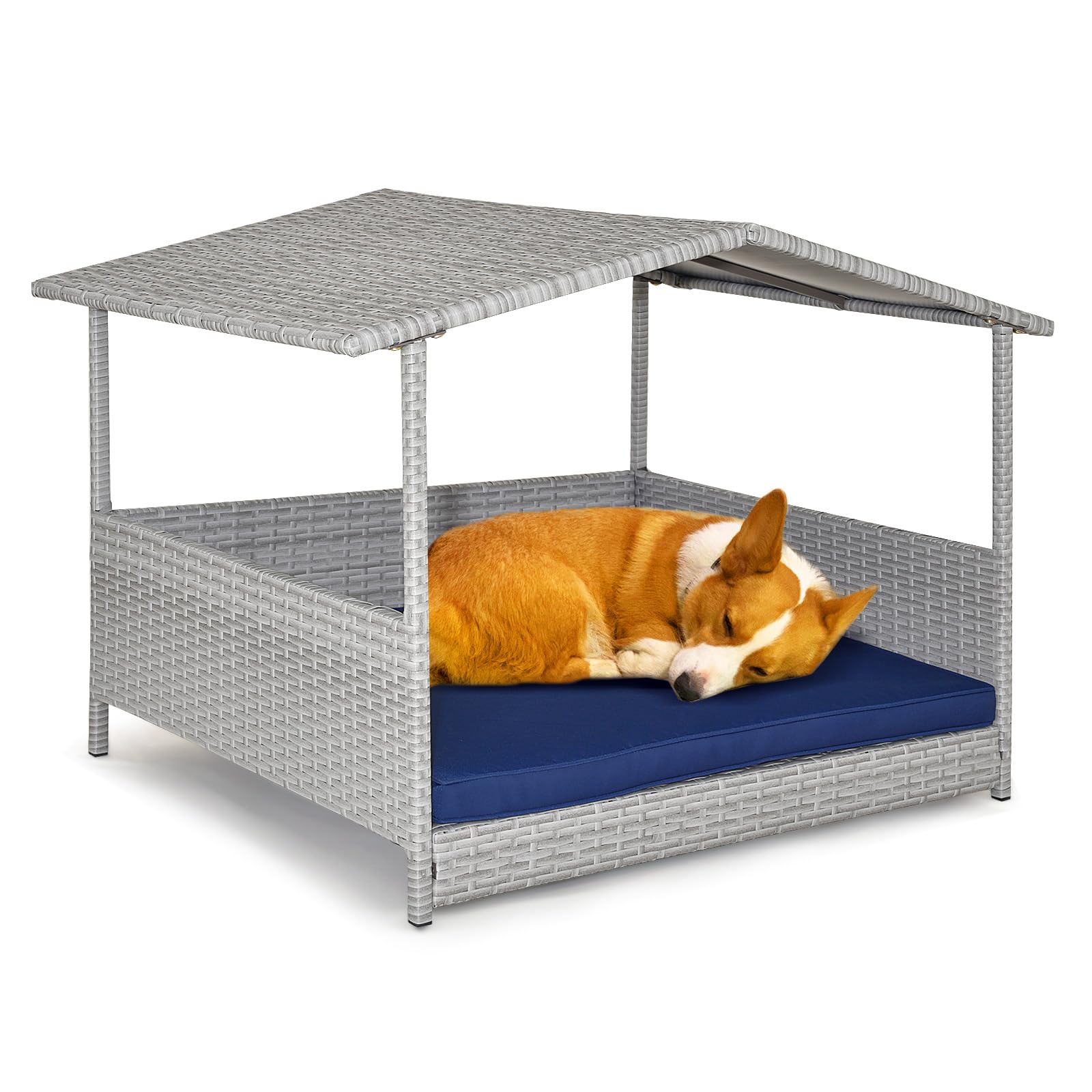 Tangkula Wicker Dog House, Indoor Outdoor Raised Rattan Dog Bed w/Removable Cushion, Washable Cover, Weatherproof Roof, Rattan Puppy Shelter w/