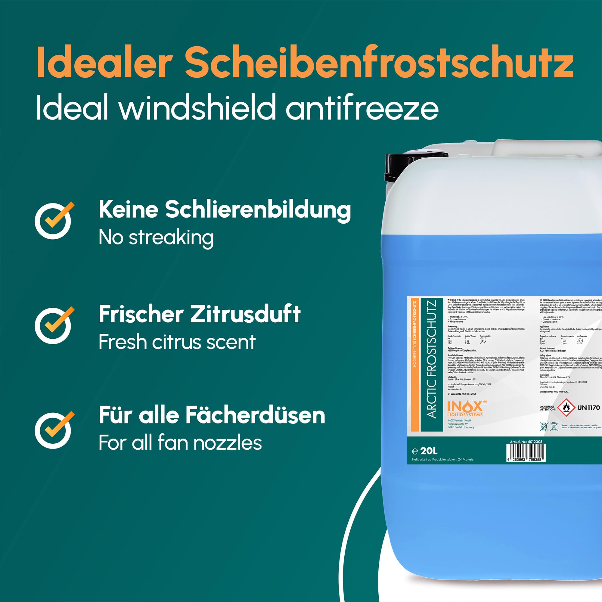 INOX® 20L Arctic Scheibenfrostschutz Konzentrat bis -30°C - Auto Frostschutzmittel Scheibenwaschanlage - Scheibenwischwasser schlierenfrei - Versand in 4x5L