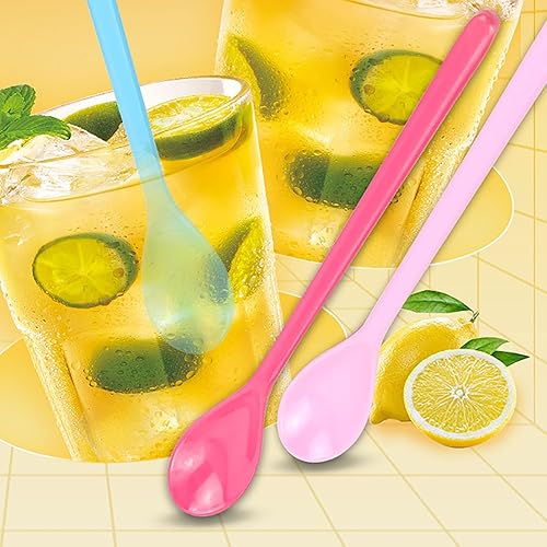 Miniatura 6 de VAKTOK 4 cucharas de café largas de plástico coloridas para helados, cócteles, cucharas de mezcla de mango largo de chocolate caliente (rosa,