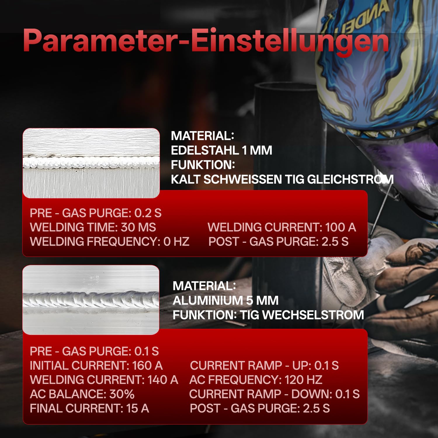 ANDELI 10-in-1 Aluminium TIG WIG schweißgerät AC DC, Fußpedal, 205A LCD, Puls Rechteck Sinus Trapezwelle, Kalt Punktschweißung, 230V, TIG-205 PRO