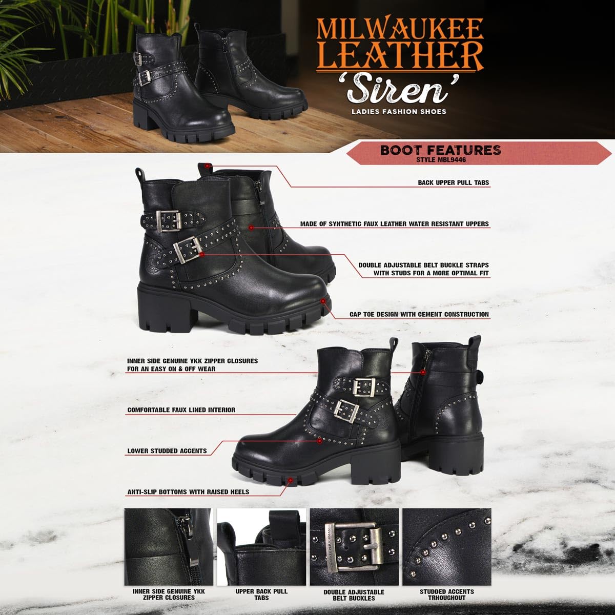 Milwaukee Leather Women's Siren Premium Black Studded Fashion Boots w/Side Zippers MBL9446-10