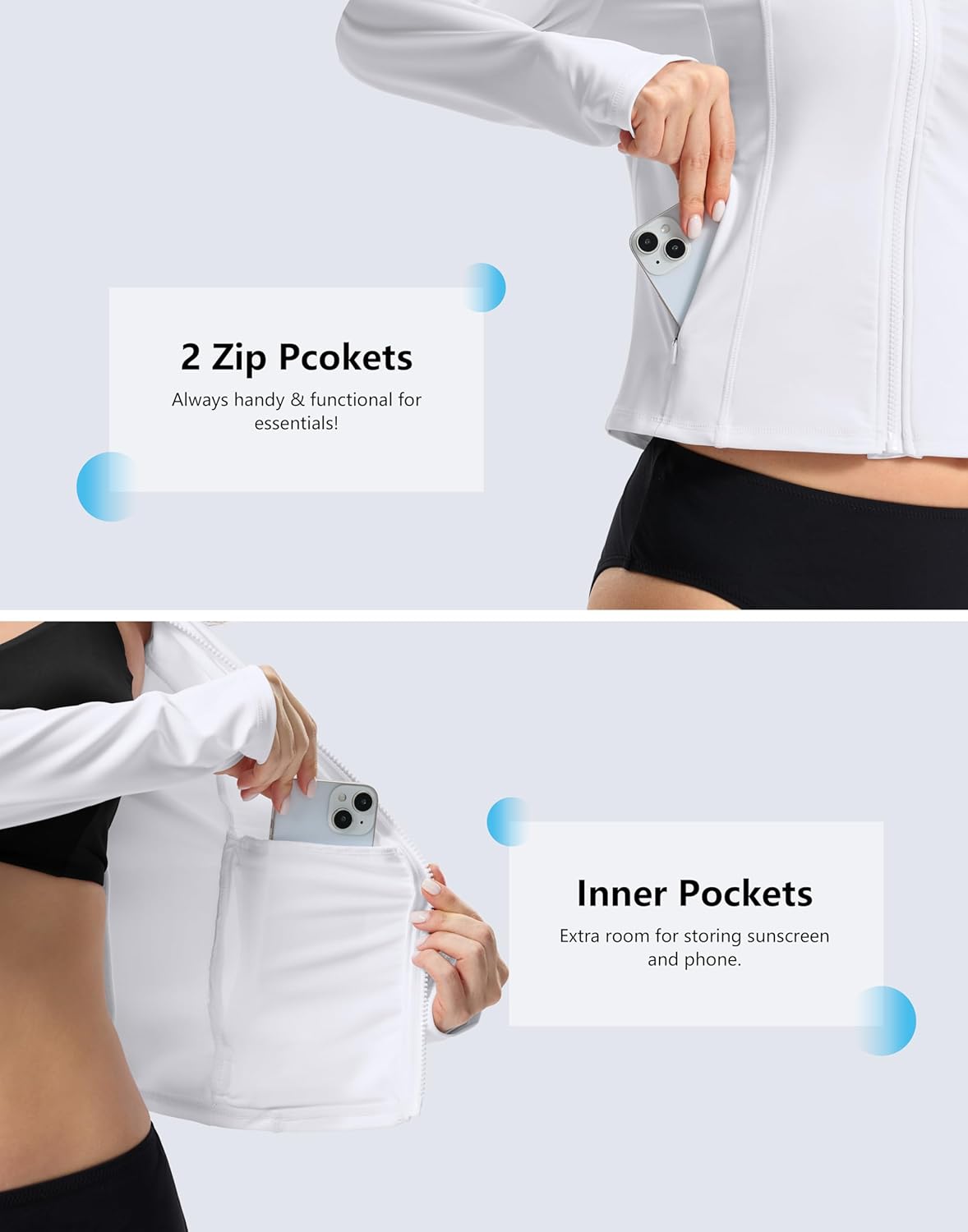 SANTINY Cropped Rash Guard Women Swimsuits with Zipper Pockets UPF50+ Sun Protection Long Sleeve Swim Shirt Crop Tops - Image 5