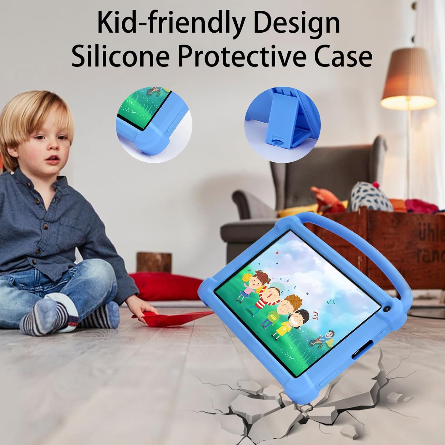 Adult and child interacting with the ATOZEE Kids Tablet, demonstrating parental control features.