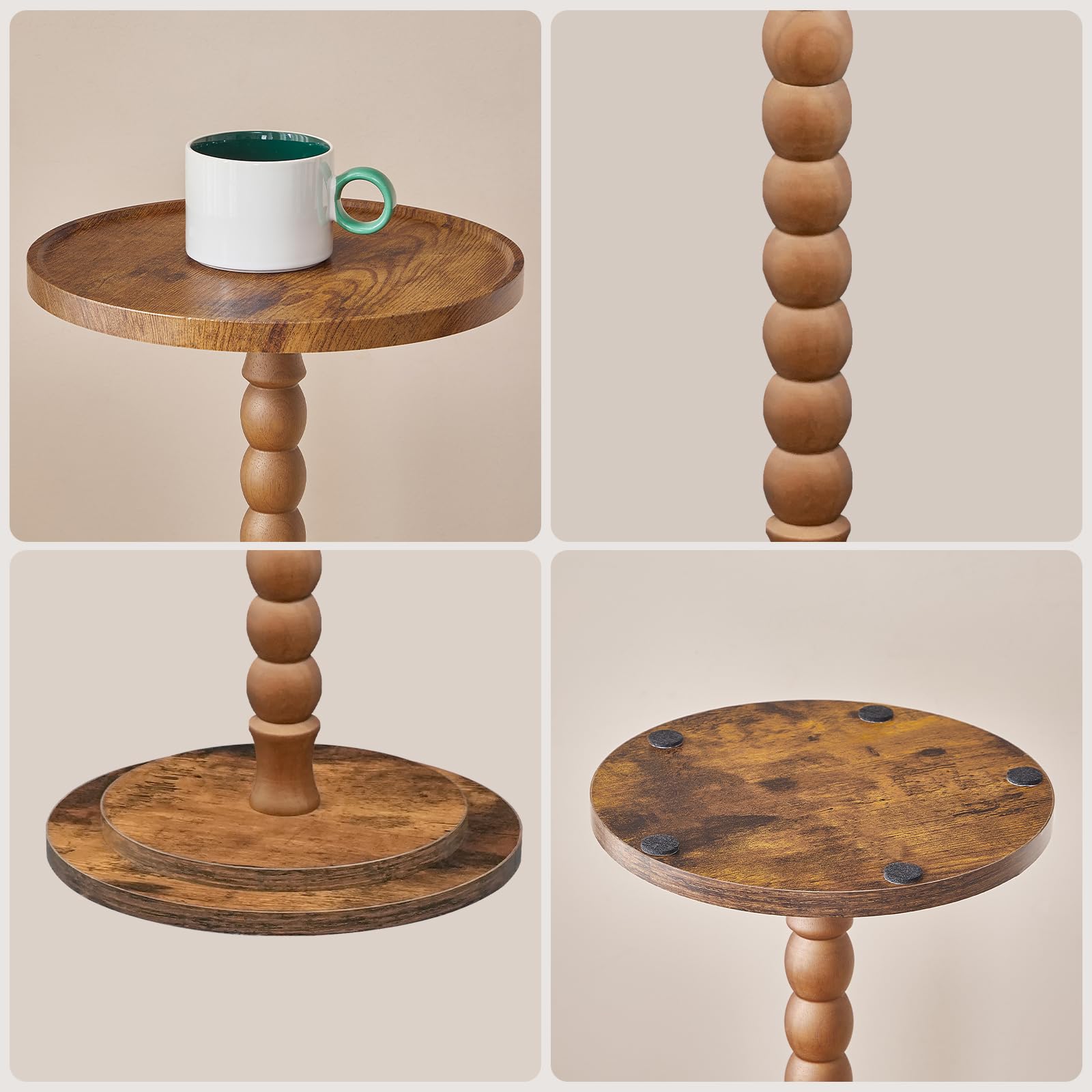 HOOBRO Petite Table d’Appoint Ronde, Table à Boissons avec Pieds en Bois Massif, Table à Café, Table de Chevet, Table de Cocktail, pour Petits Espaces, Salon, Chambre, Marron Rustique EFG187BZ01