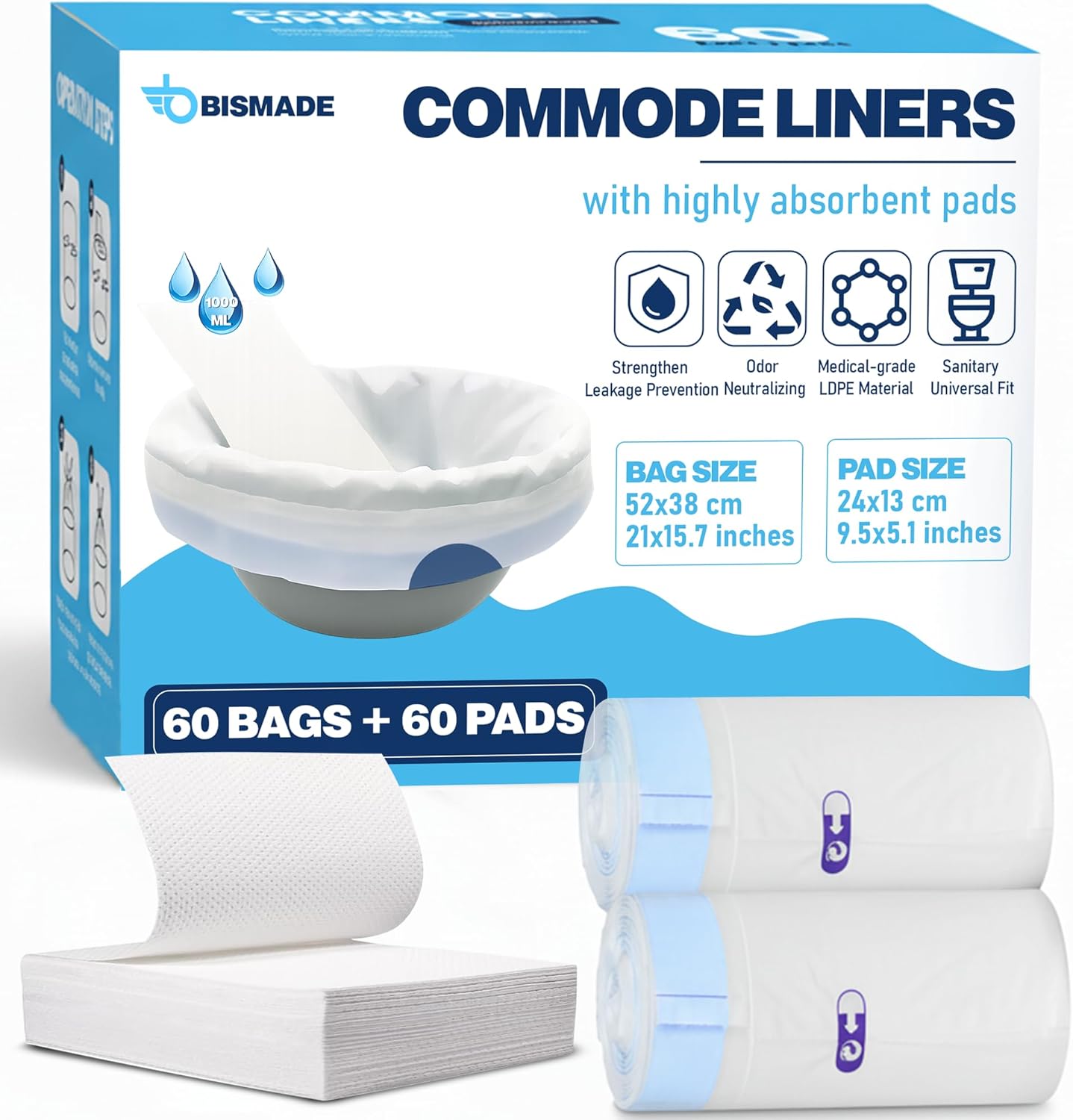 Commode Liners with Absorbent Pads | Value Pack 60 Count Universal Fit | Bedside Commode Liners Disposable and Pads for Adult Commode Chairs