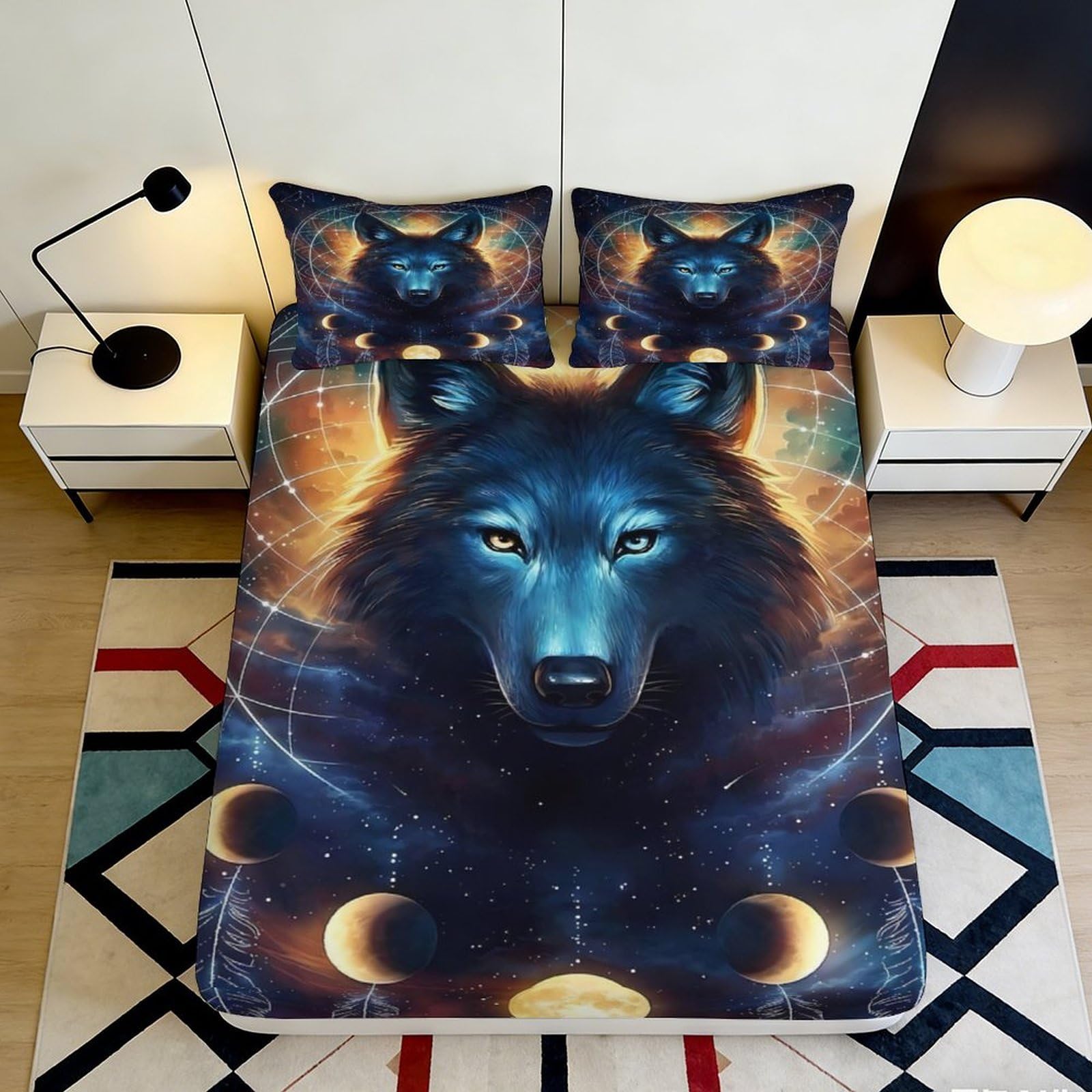 3D Printed Mystical Wolf Fitted Sheet Microfiber Soft Breathable Moon Phases Bed Cover for Bedroom Dorm Decor 90x200x25cm