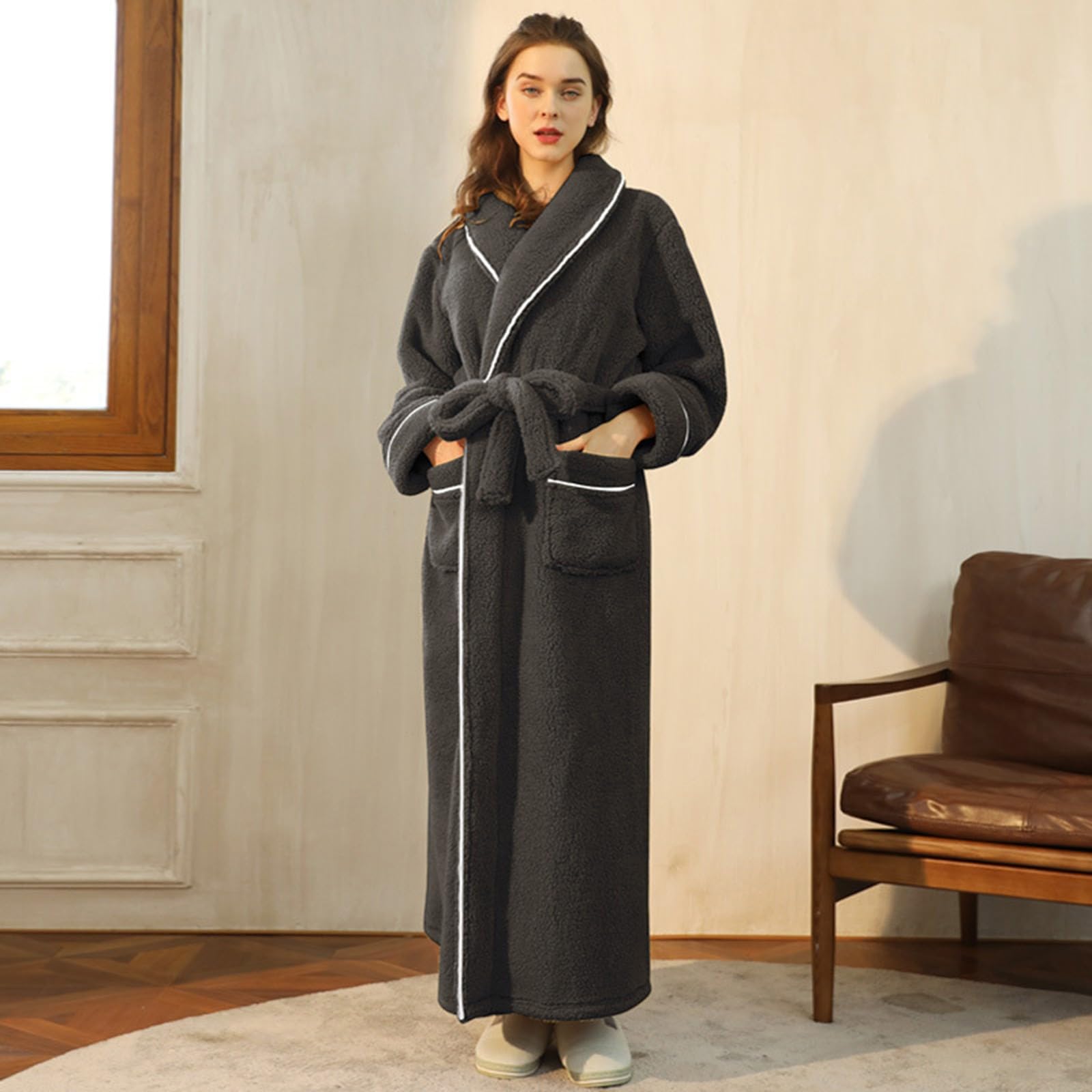 Accappatoio da donna in spugna senza cappuccio, caldo e morbido | Accappatoio da donna in piquet a nido d'ape, cappotto da sauna invernale, spesso e caldo, per autunno e inverno