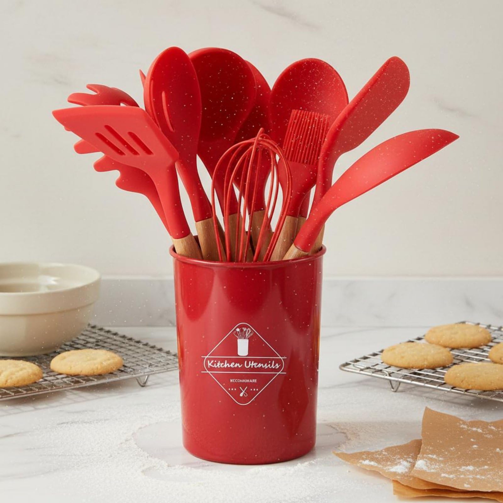 Silicone Kitchen Utensil Set Kit Utensili Cucina Spatola Frusta Cucchiaio con Contenitore Coordinato in Silicone Resistente al Calore E Manici, Dark Gray