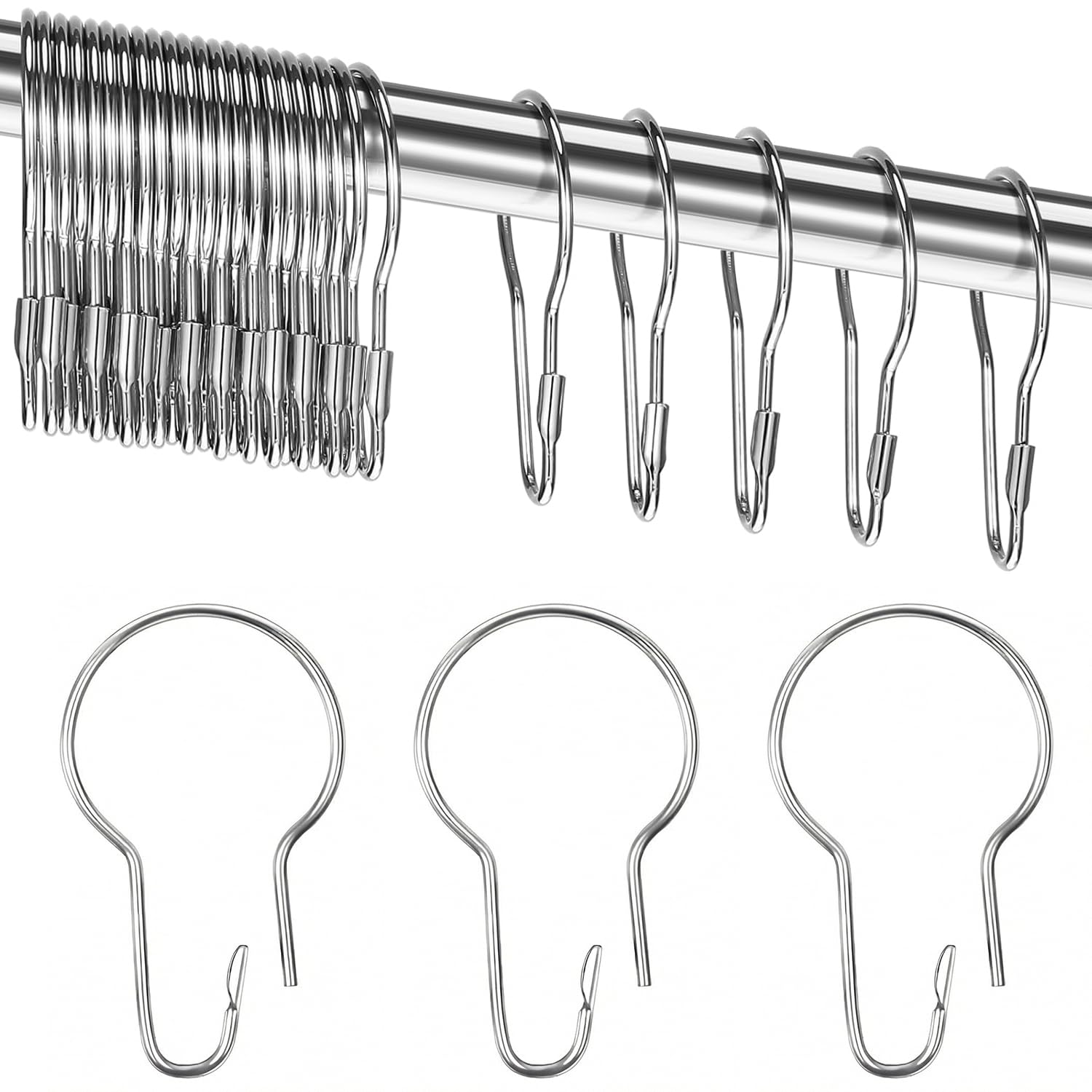 Ousuwo 24Pcs Shower Curtain Rings, Irony Curtain Hooks & Metal Curtain Rings for Bathroom, Bedroom & Wardrobe Rails(Silver)