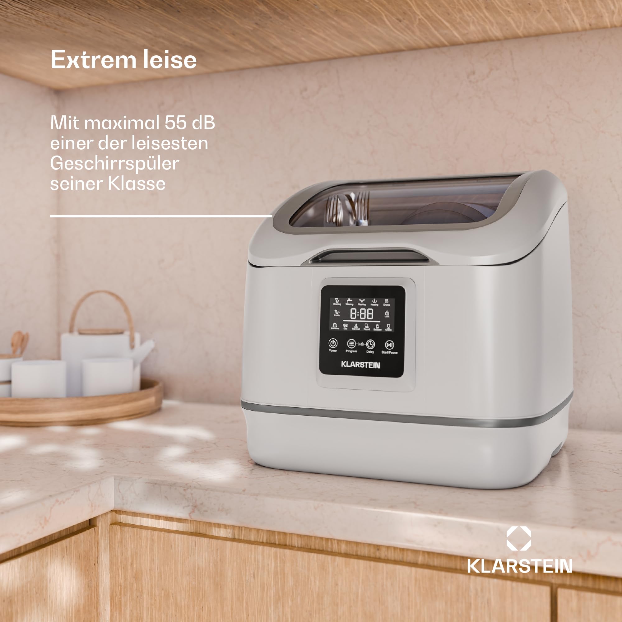 Klarstein SilentScrub Tischgeschirrspüler - kompakte & tragbare Tischspülmaschine für 3 Gedecke, 7 Programme & digitaler Touchscreen - leiser Betrieb bei 55 dB