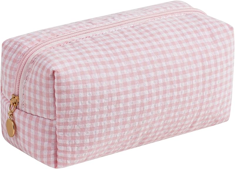 Necessaire de maquiagem JOVAKIT rosa-claro com estampa xadrez, zíper e bolso externo