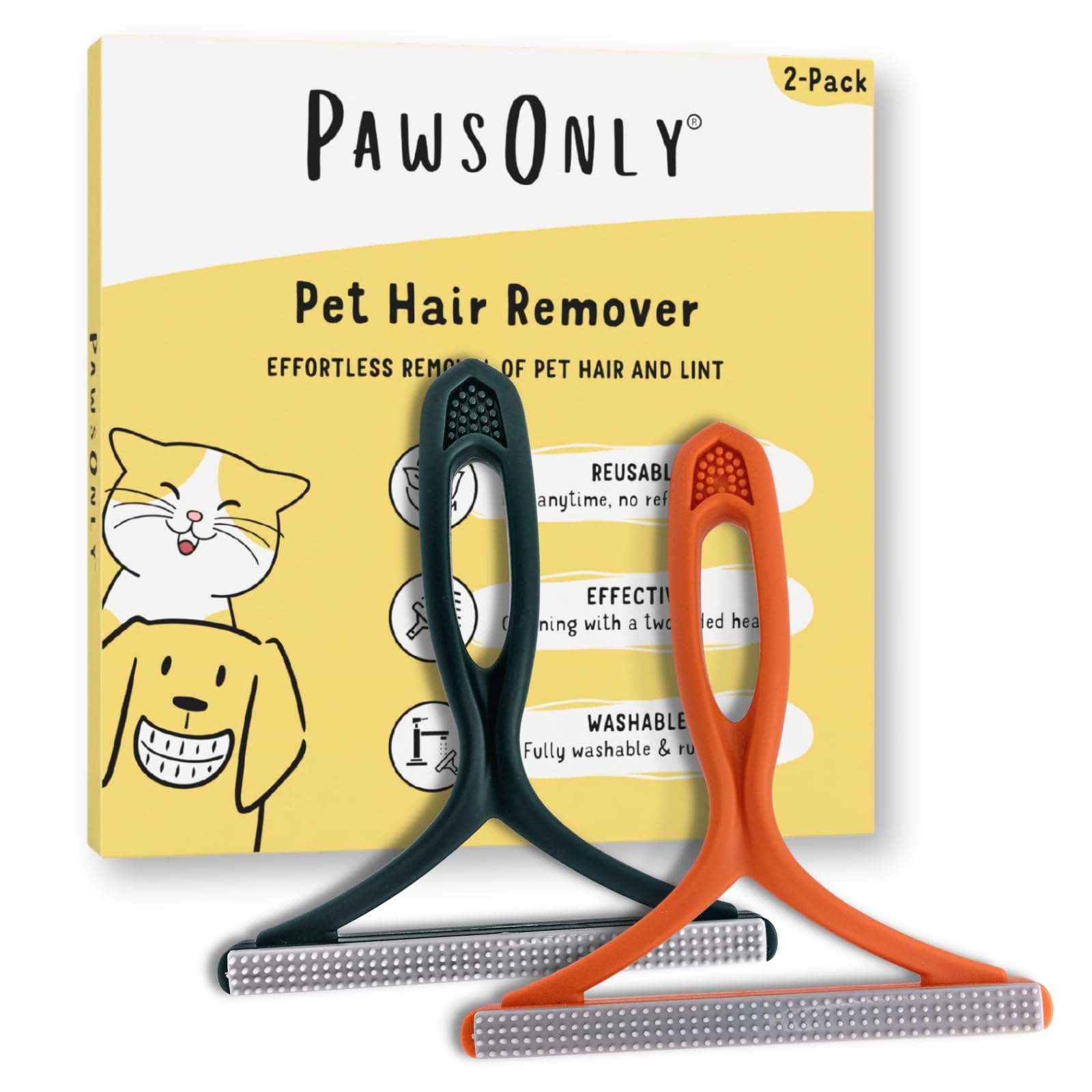 Pawsonly Orange + Green | Pet Hair Remover For Carpet, Furniture, Car, Sofa, Stairs, Clothes | Dog & Cat Fur Scraper Tool | Double Sided Plastic Brush | Reusable & Portable | Handheld Fluff Rake (Orange + Green)