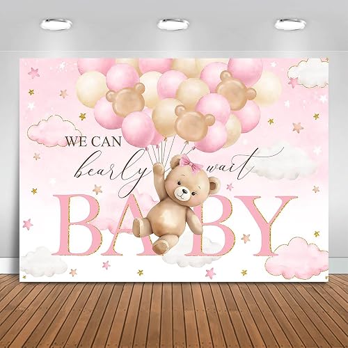 Bear Baby Shower Backdrop We Can Bearly Wait Party Decorations Background for Girl Bear Theme Baby Shower Banner Photo Booth Prop (Pink, 10x7ft)