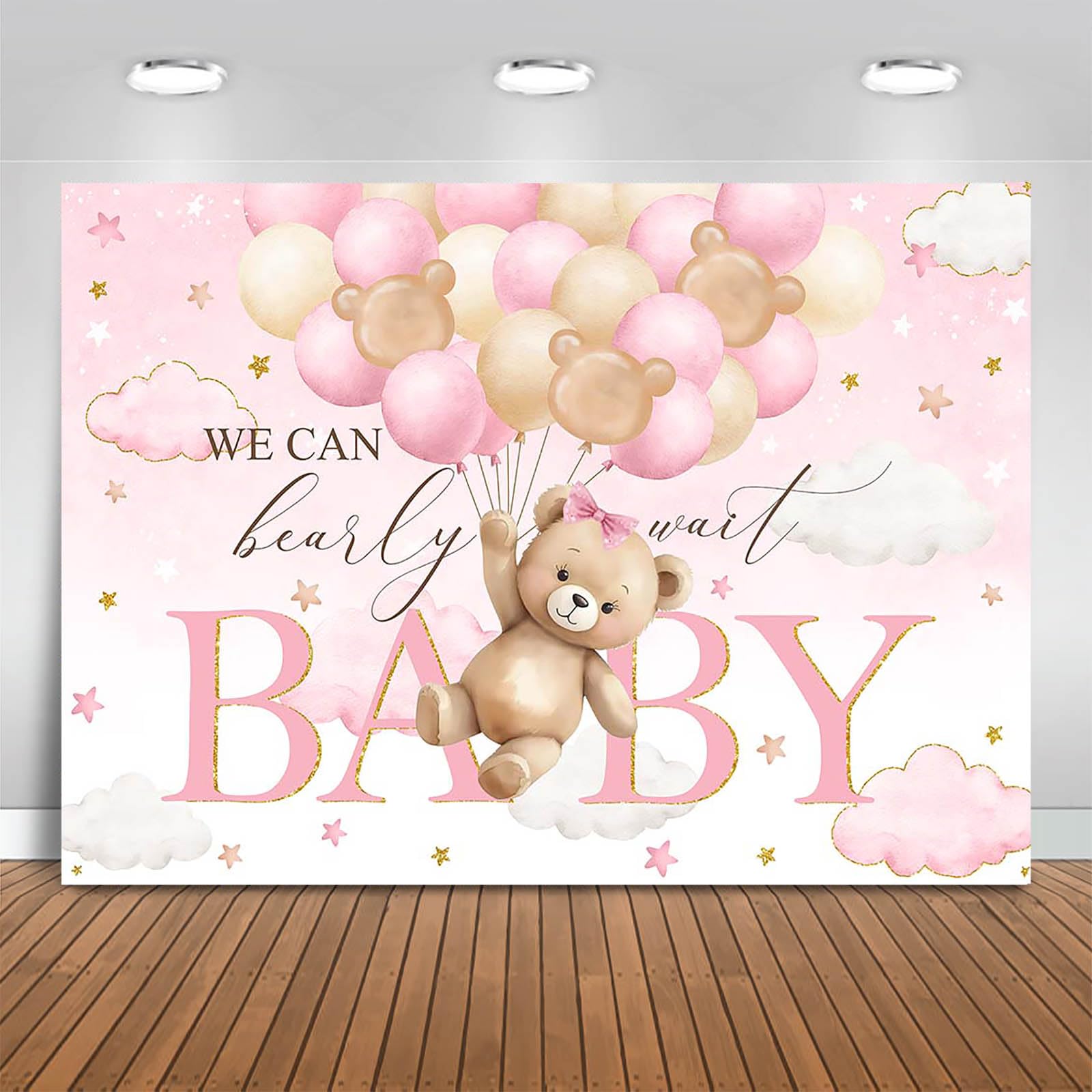 Fitumiw Bear Baby Shower Backdrop We Can Bearly Wait Party Decorations Background for Girl Bear Theme Baby Shower Banner Photo Booth Prop (Pink, 8x6ft