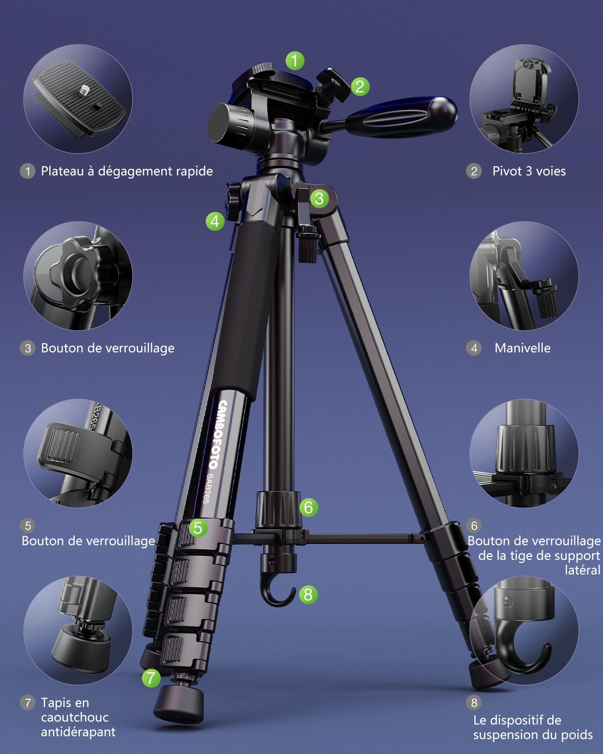 CAMBOFOTO Trépied Compact pour Appareil Photo 188 cm, Tête Panoramique 360° - Léger (1.4 kg) et Stable, Design Pliable avec Sac de Transport, Compatible DSLR/Smartphone/Caméra Vidéo (Noir)