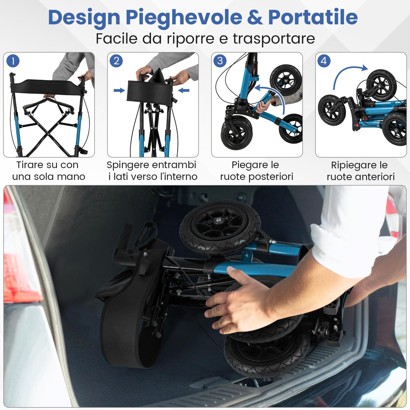 COSTWAY Deambulatore Pieghevole per Anziani in Alluminio, Rollator Regolabile in Altezza con Seduta, Schienale e Freni, Girello per Anziani con Borsetta, Carico Massimo 140 kg (Blu)