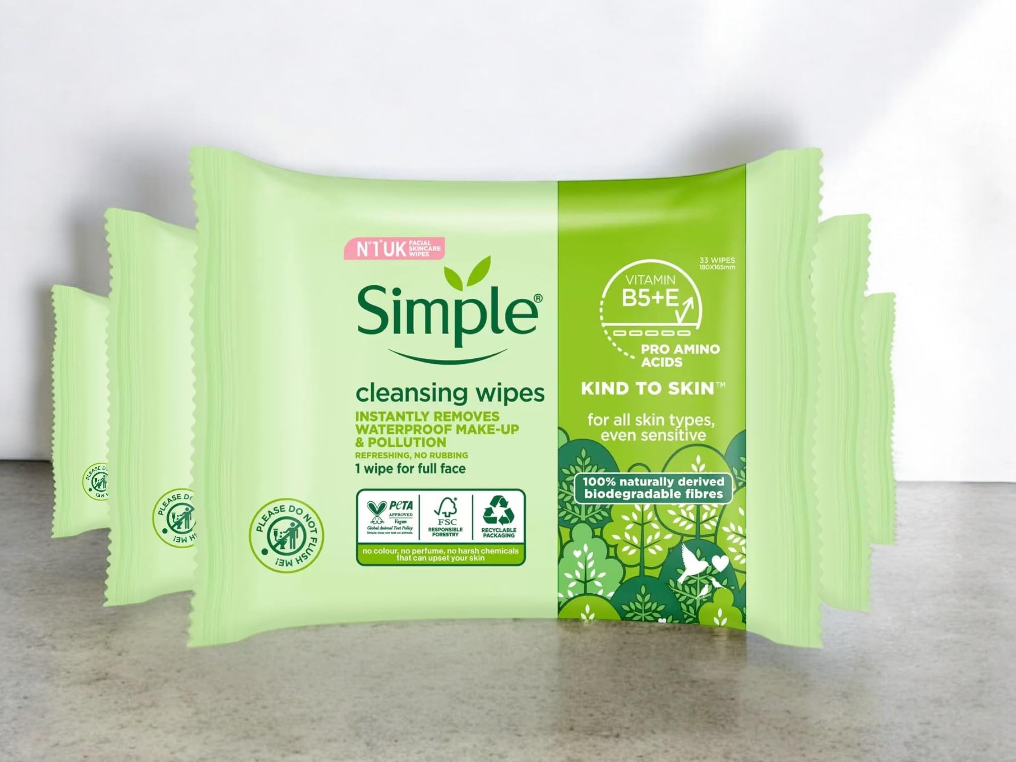 Simple Cleansing Wipes, 165 Wipes, 5 x 33 Packs, Vitamin B5 and Pro Amino Acids, Kind to Skin, for All Skin Types
