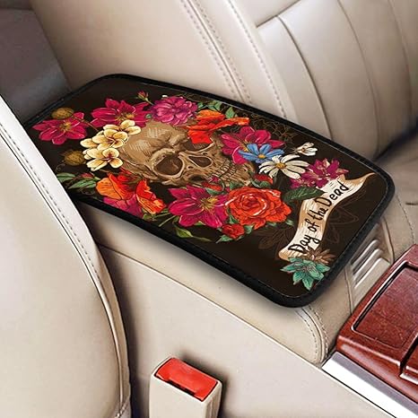 Multi Colorful Flowers Sugar Skull Automotive Center Console Pad, Soft Armrest Seat Cover Pad, Suitable for SUV, Truck, and Automotive Armrest Protectors