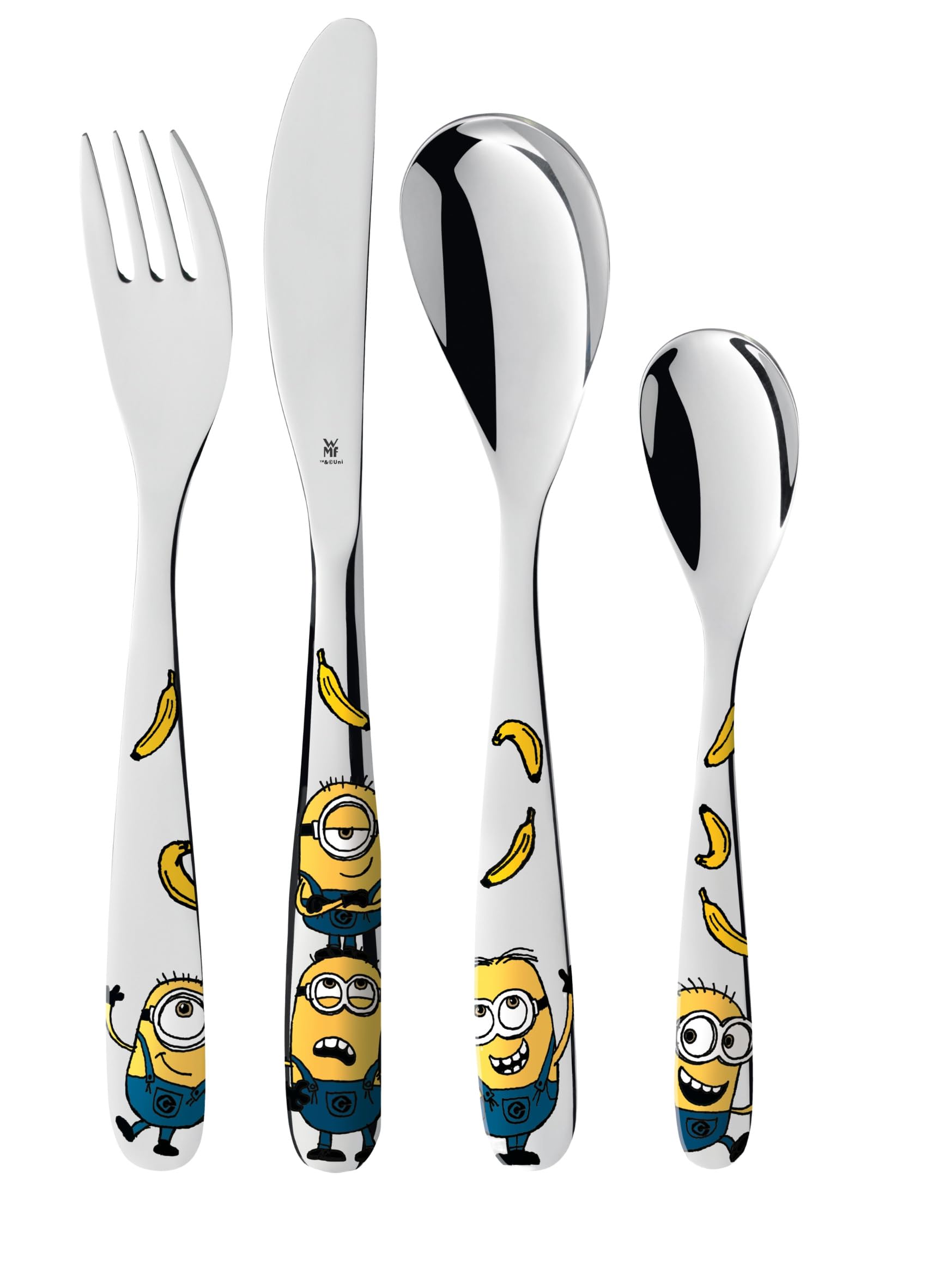 Posate per bambini WMF Minions con incisione del nome - bellissimo set di posate per bambini - regali di battesimo personalizzati con incisione - idee regalo per bambine e bambini dai 3 anni, 4 pezzi