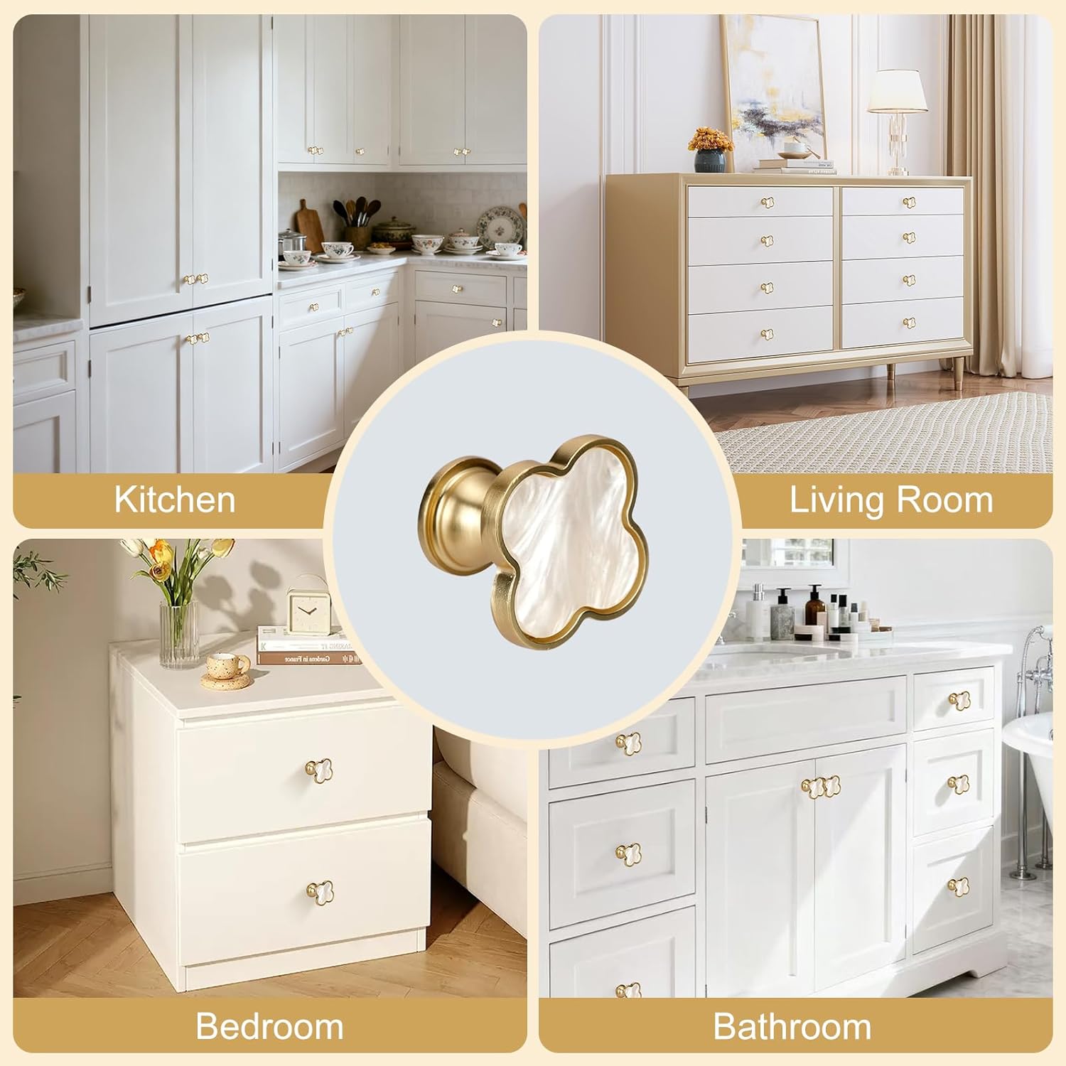 10 PCS Four Leaf Clover Cabinet Knobs with Screws, Gold Drawer Knobs Pulls Handles Modern Single Hole Door Cupboard Handles Zinc Alloy for Kitchen Wardrobe Dresser Furniture (Gold+White)