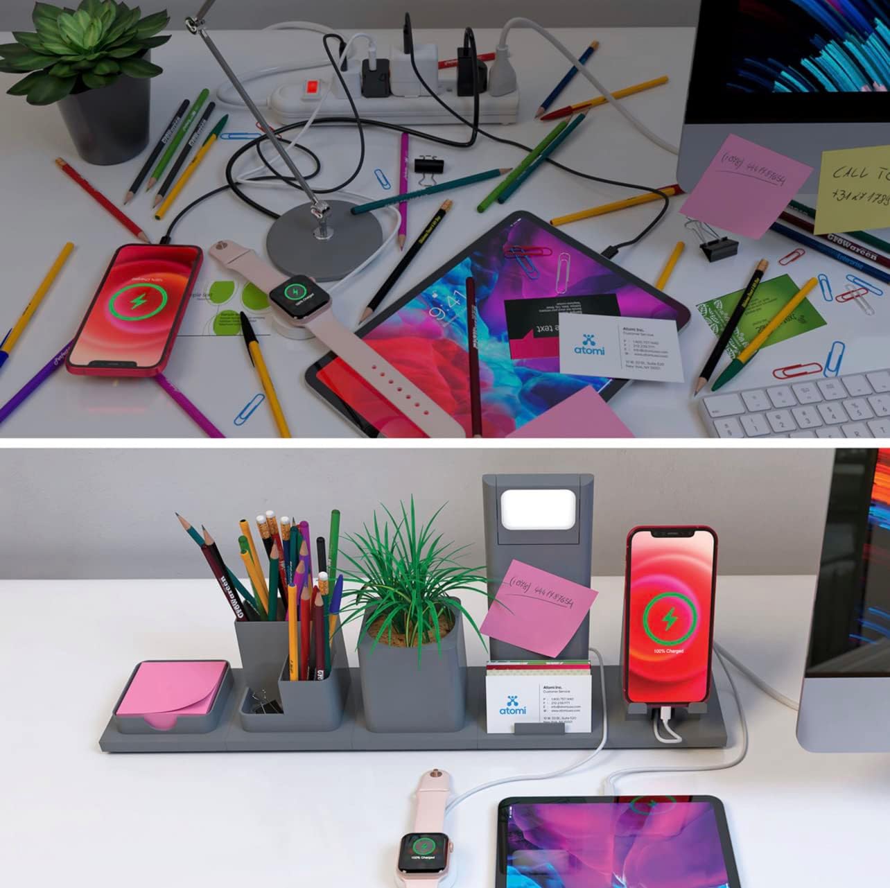 LED Office Desk Light, Phone Charging Station, Pen Holder Compartment, Business Card organizer Decoration Cup Plant Holder