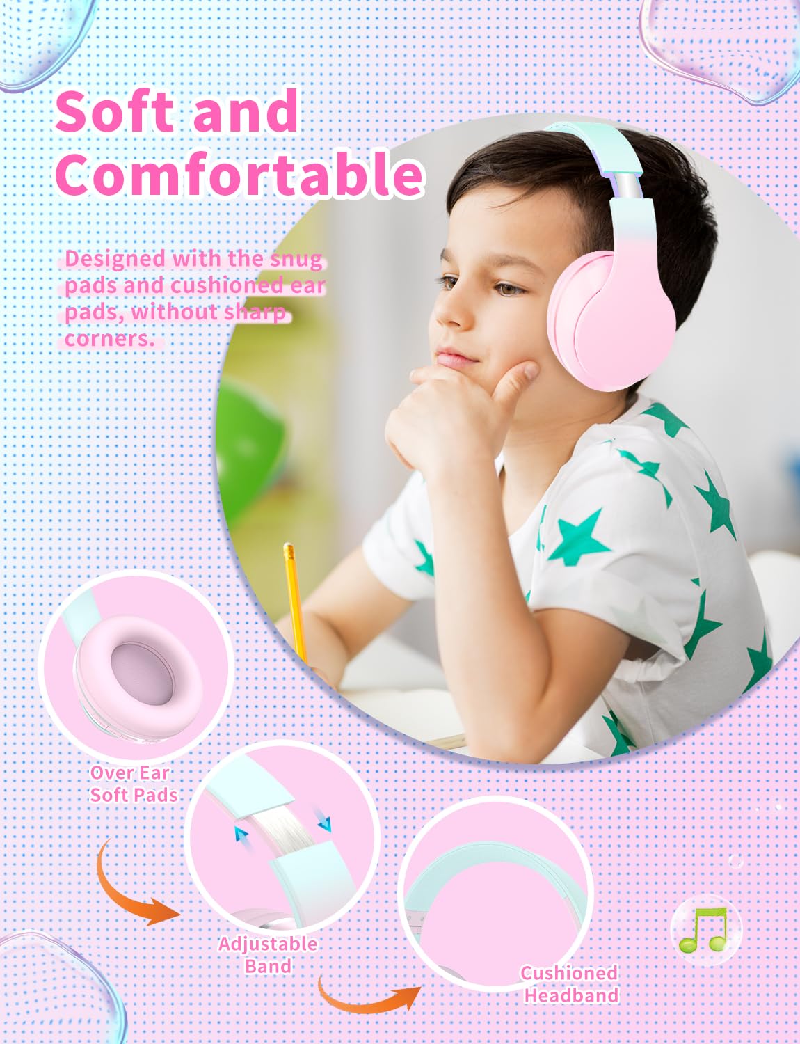 Bluetooth Kids Headphones,Wireless Kids Headphones Over Ear with Microphones,Stereo Sound ,10H Playtime,Foldable&Adjustable Children Headphones,Bluetooth 5.1 Headset for Adults School Travel (Pink) - Image 3