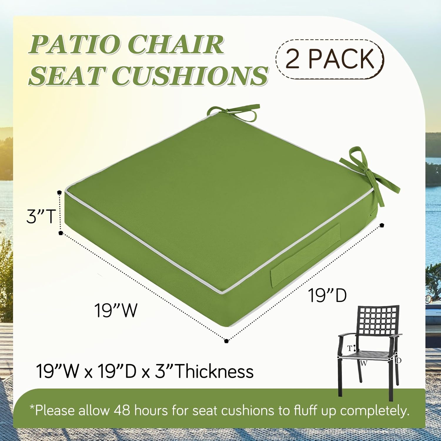 waterproof outdoor chair cushions set of 2, square outdoor seat cushions with ties and removable covers, 19 x 19 outdoor cushions for patio furniture with portable handle(grass green/white) 19x19x3 grass green/white piping