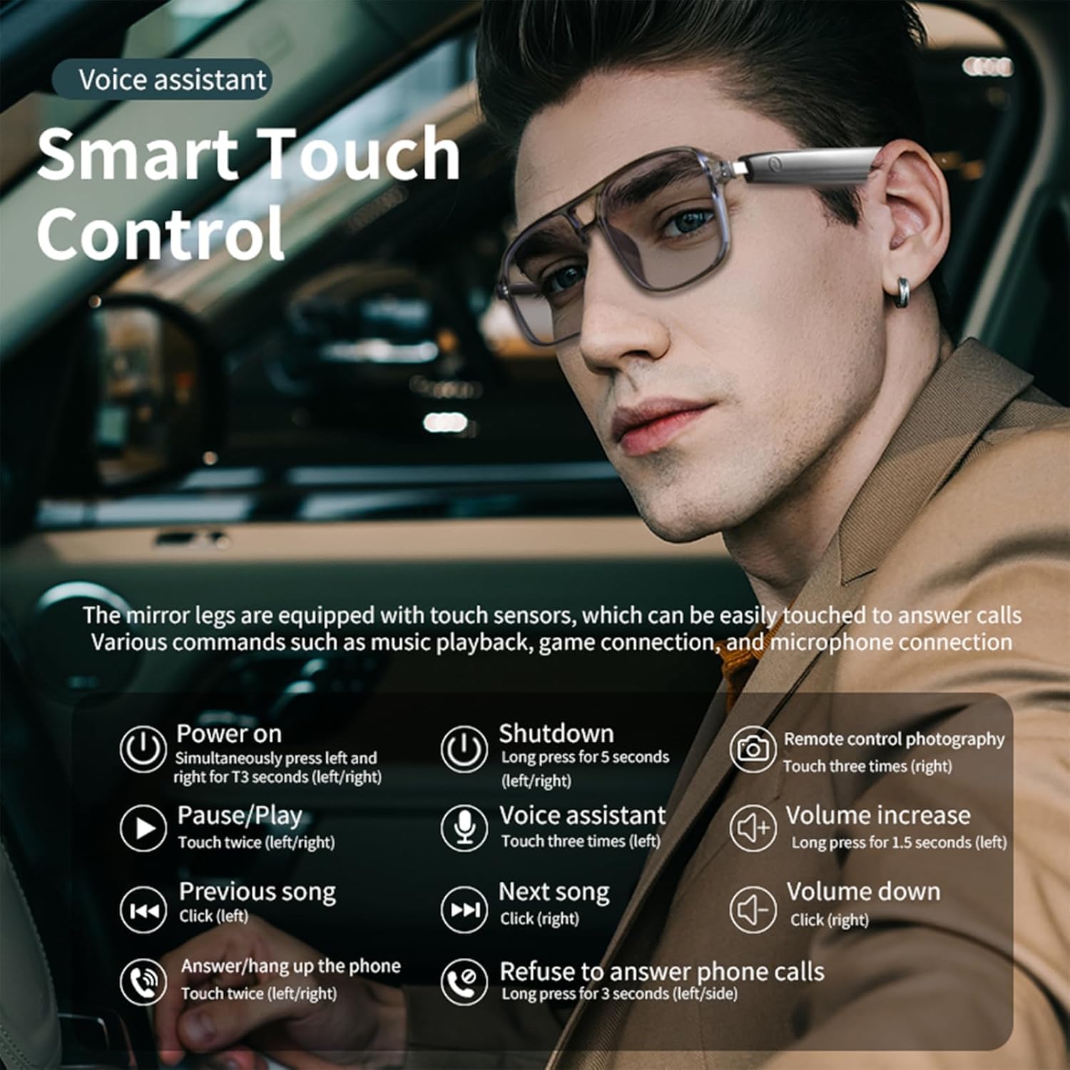 Smart Glasses Bluetooth Glasses Photochromic Lenses with Voice Assistant Open Ear Speaker Call Up for Outdoor Activities