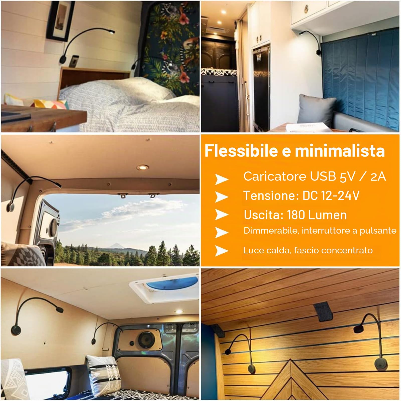 acegoo Lampada da Lettura 12V da Parete LED Luce da Lettura Dimmerabile Collo di Cigno Flessibile DC 24V Comodino con Interruttore Dimmer e Caricatore USB per Barca Camper Cabina Roulotte (Nero)