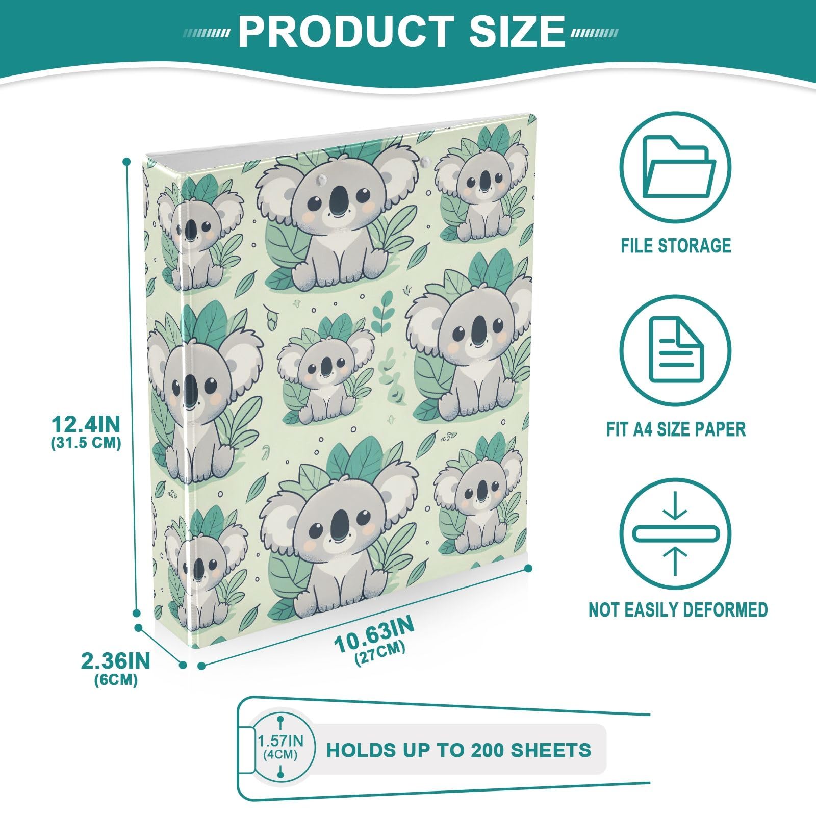 3 raccoglitori ad anelli simpatici cartone animato koala 3,8 cm raccoglitore ad anelli rotondi contiene 200 fogli interni tasche trasparenti per scrivere in ufficio e lavoro scolastico, confezione da