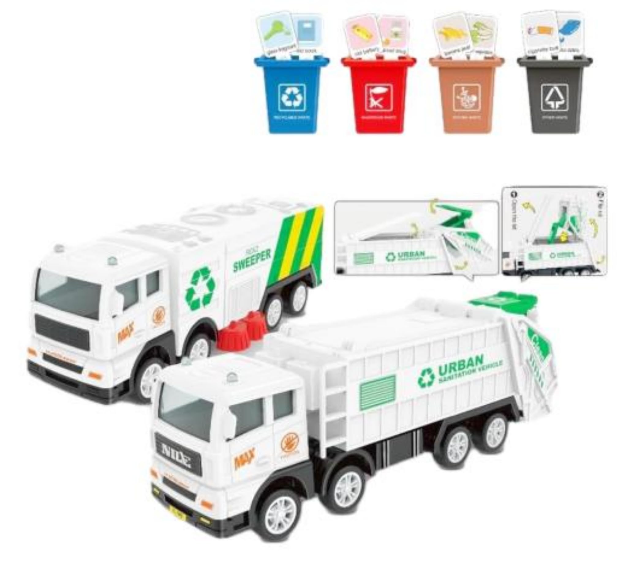 AptoFun 1:55 Juego de Juguetes de Camión de Basura, 1X Camión de Basura de Fricción,1X Barredora de Carretera de Fricción con 4X Mini Cubos de Basura para Niños 2+