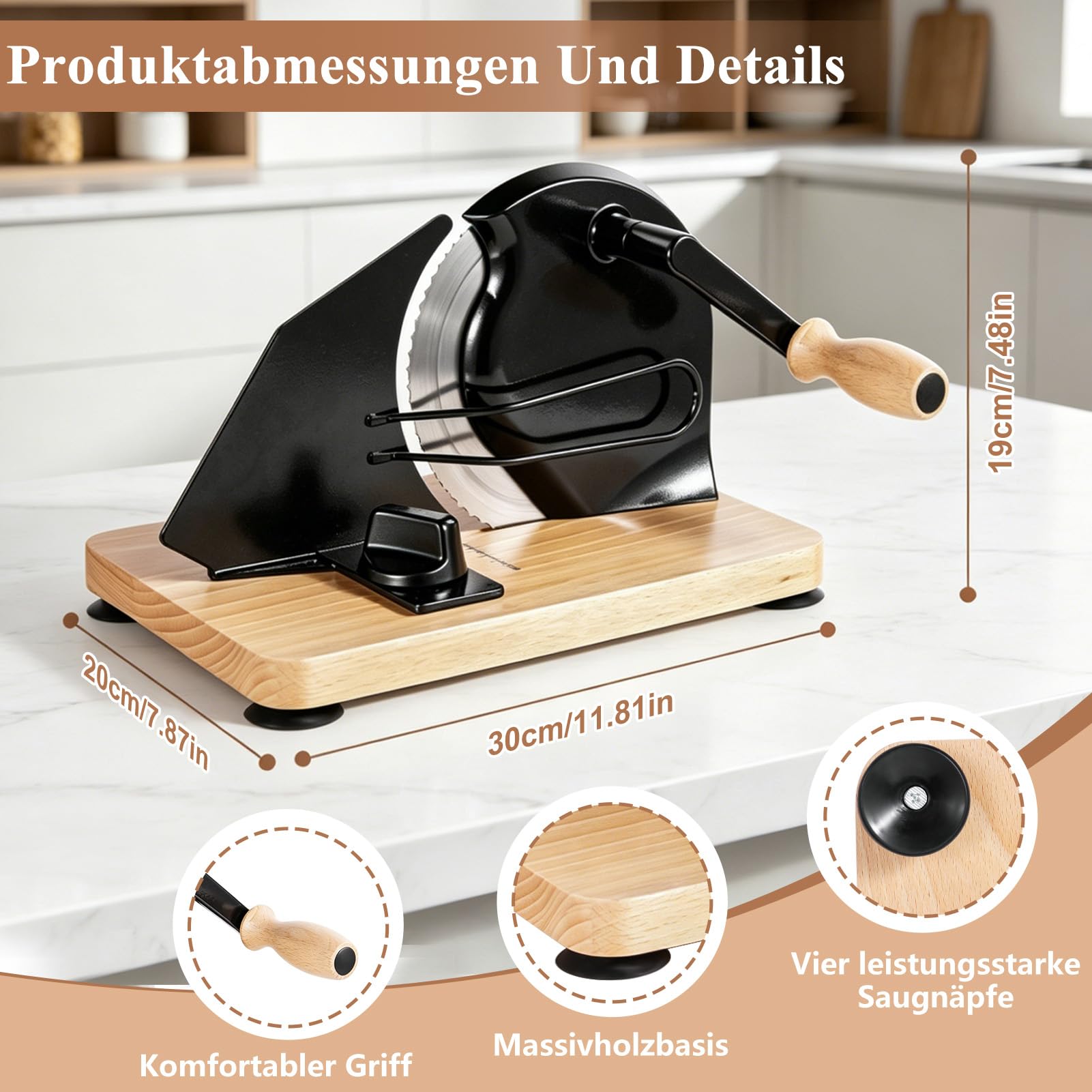 Brotschneidemaschine Manuell, Manuelle Brotschneidemaschine mit Einstellbarer Scheibendicke, Edelstahlklinge, Rutschfeste Saugnäpfe, Gleichmäßige Brotscheiben für Selbstgemachtes Brot & Sauerteigbrot