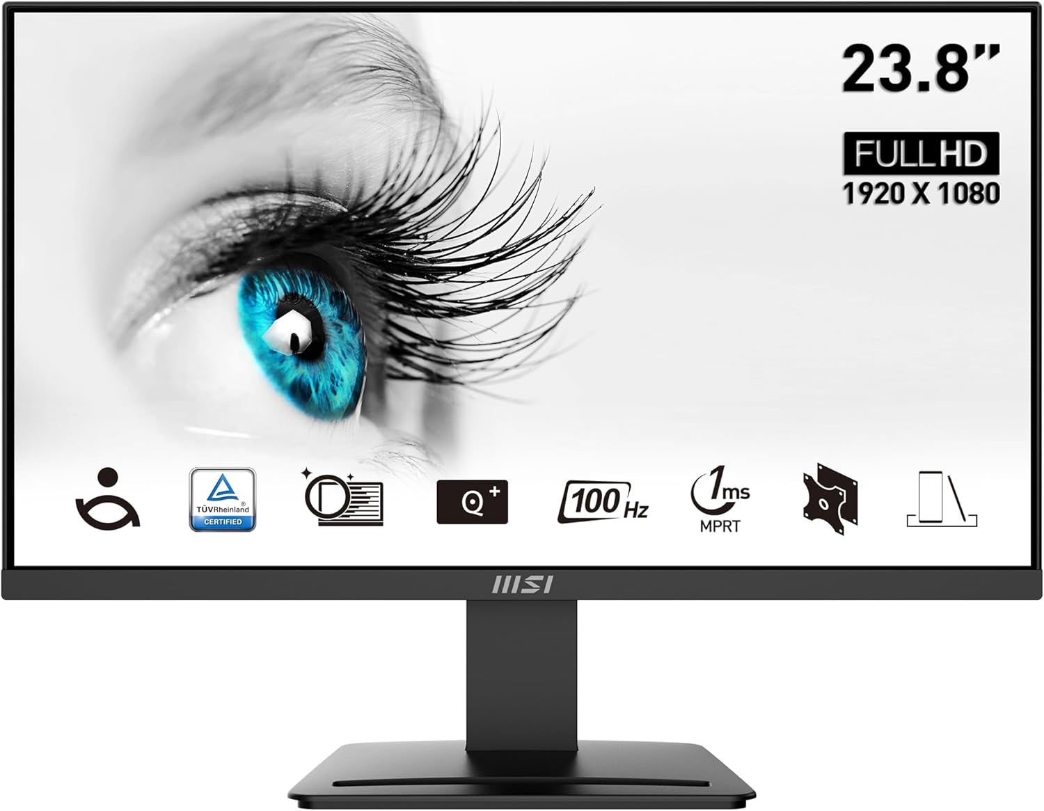 MSI PRO MP2412 23.8 Inch Monitor, Full HD (1920 x 1080), 100Hz, VA, 4ms, FreeSync, HDMI, VGA, Anti-Glare, Anti-Flicker, Less Blue light, TÜV Certified, VESA, Kensington, Black MSI PRO MP2412 23.8 Inch Monitor, Full HD (1920 x 1080), 100Hz, VA, 4ms, FreeSync, HDMI, VGA, Anti-Glare, Anti-Flicker, Less Blue light, TÜV Certified, VESA, Kensington, Black