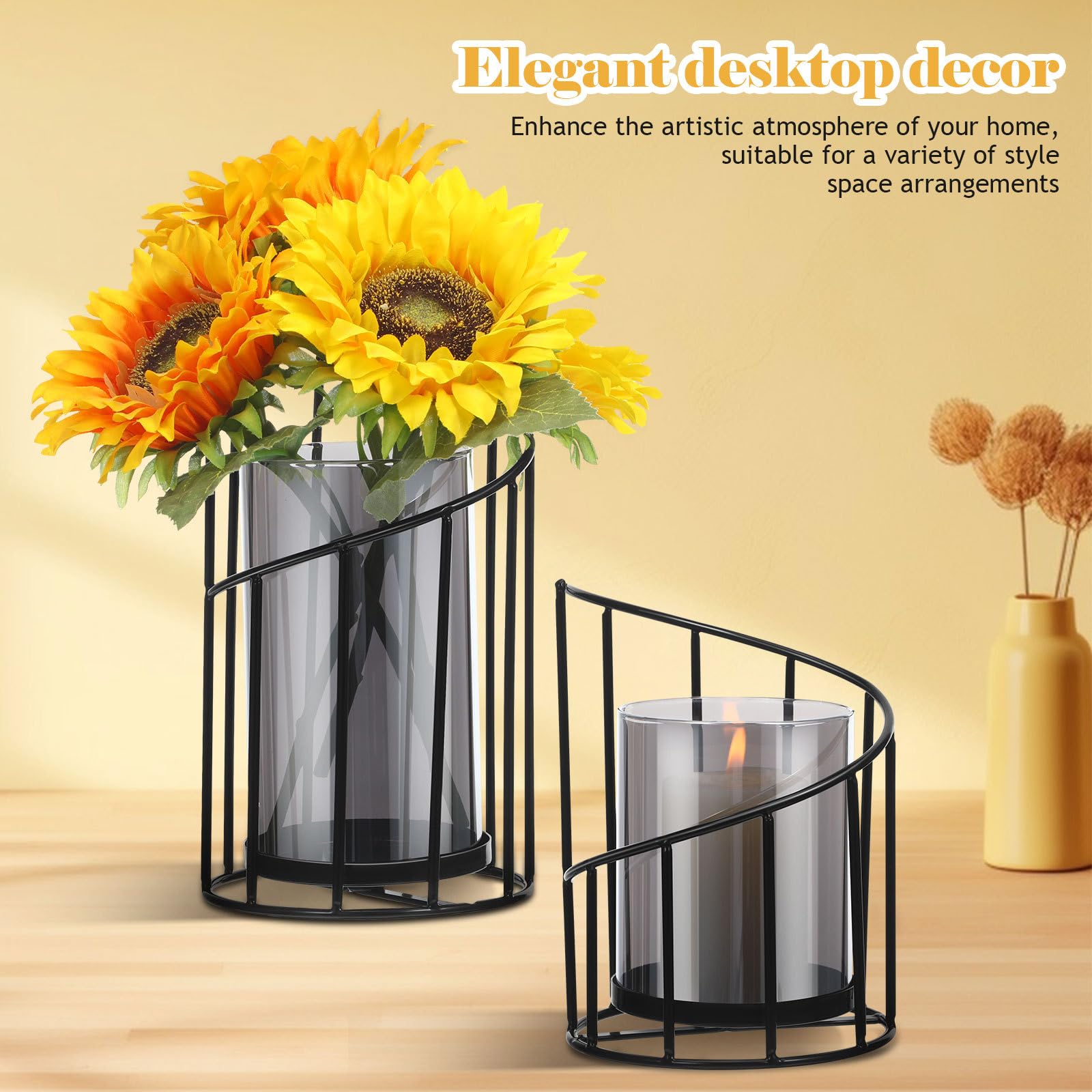 Mikikit 2 Stück Windlicht aus Glas und Eisen Moderner Hängender Kerzenleuchter als Multifunktionale Tischdekoration mit Geometrischem Design für Wohnzimmer und Hochzeit