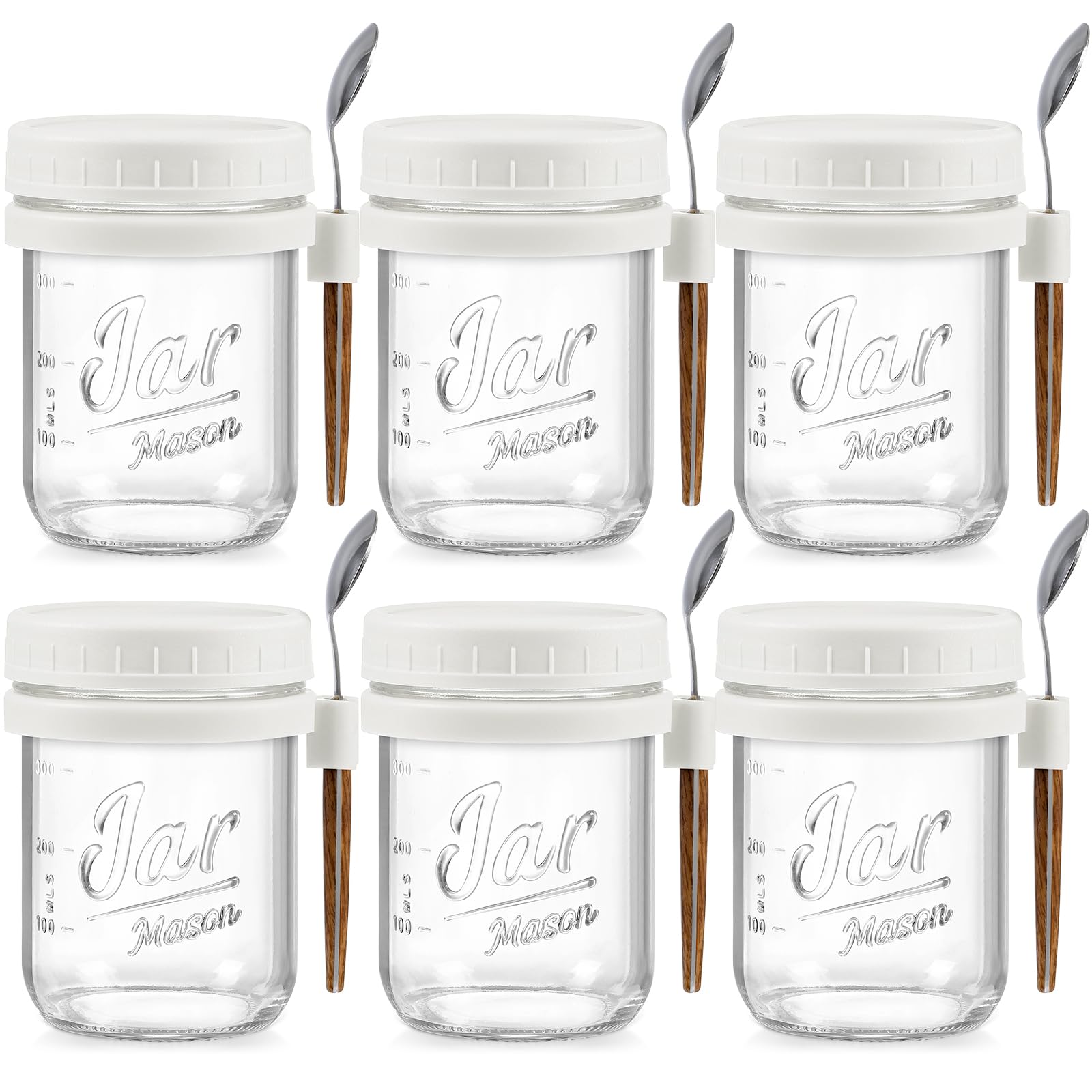 6 Pack Overnight Oats Containers with Lids and Spoons, 16 oz Glass Mason Overnight Oats Jars, Large Capacity Airtight Jars for Milk, Cereal, Fruit(White)