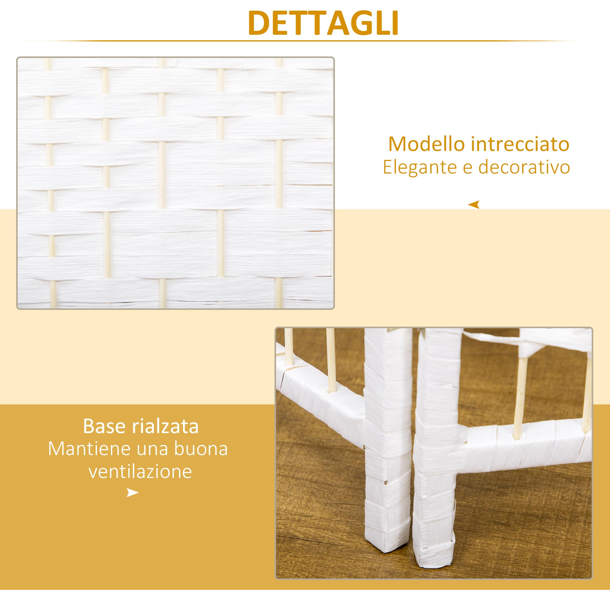 HOMCOM Paravento da Interno a 4 Pannelli Pieghevole, 160x170 cm Separé Divisorio per Ambienti Interno Autoportante Intrecciato in Corda di carta e Legno per Casa, Soggiorno e Ufficio, Bianco