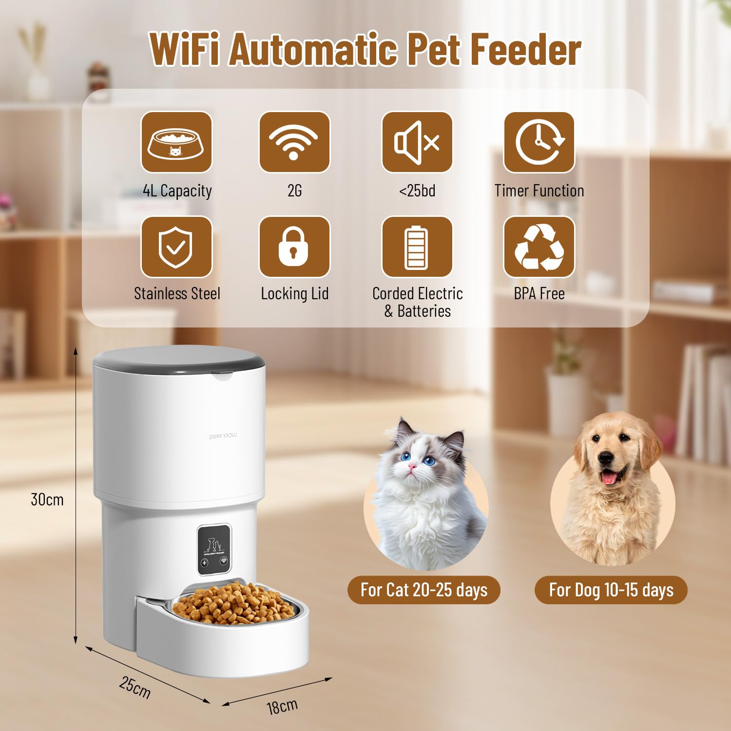 Dispensador Automático de Comida para Gatos y Perros 4L, Programable 1-6 Raciones al Día, Comedero Inteligente con Temporizador, Tolva de Gran Capacidad y Cuenco de Acero Inoxidable (Blanco- WiFi- 4L)