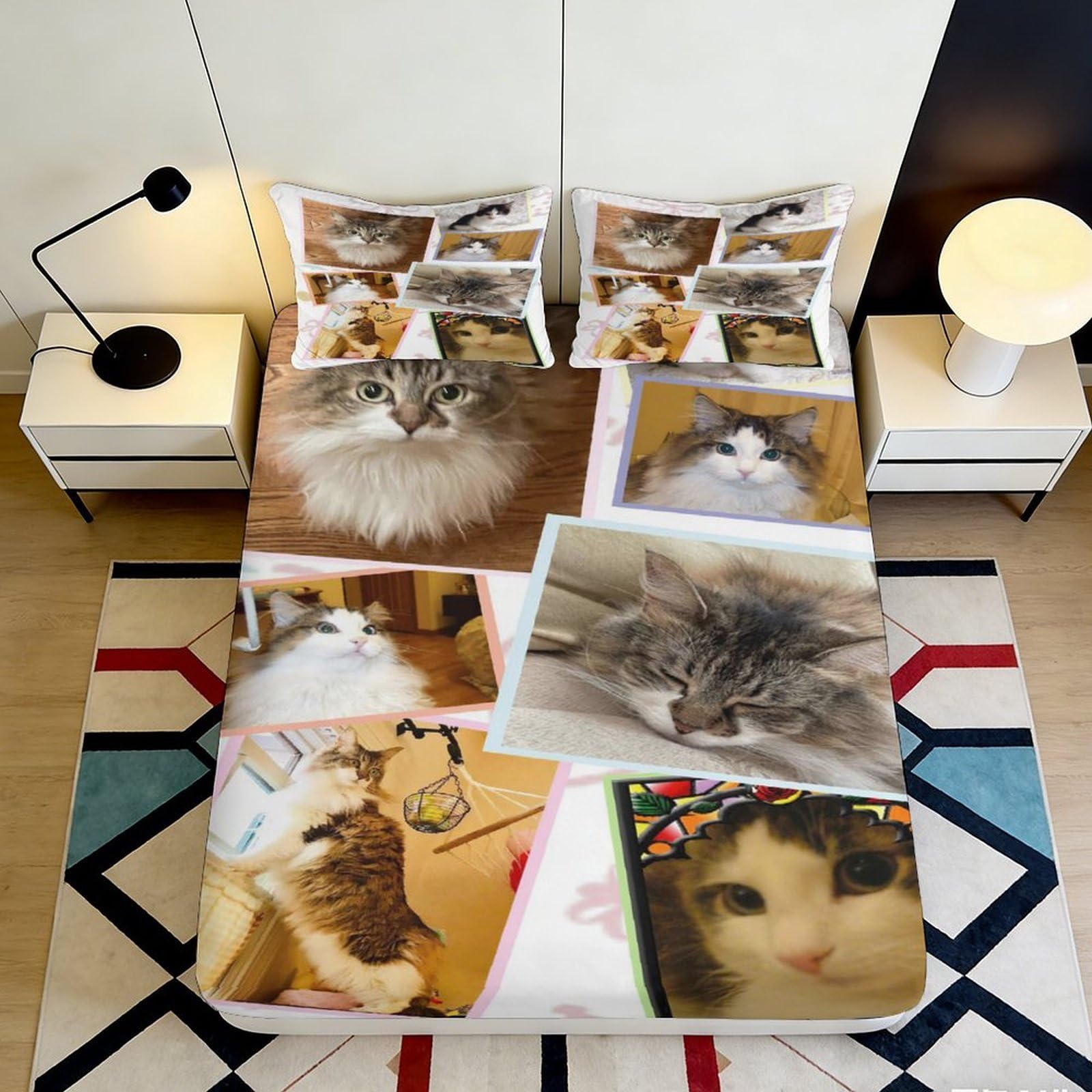 3D Printed Fluffy Cat Collage Fitted Sheet Microfiber Soft Touch Cute Kitten Bed Cover for Bedroom Dorm Protection Decor 180x200x25cm
