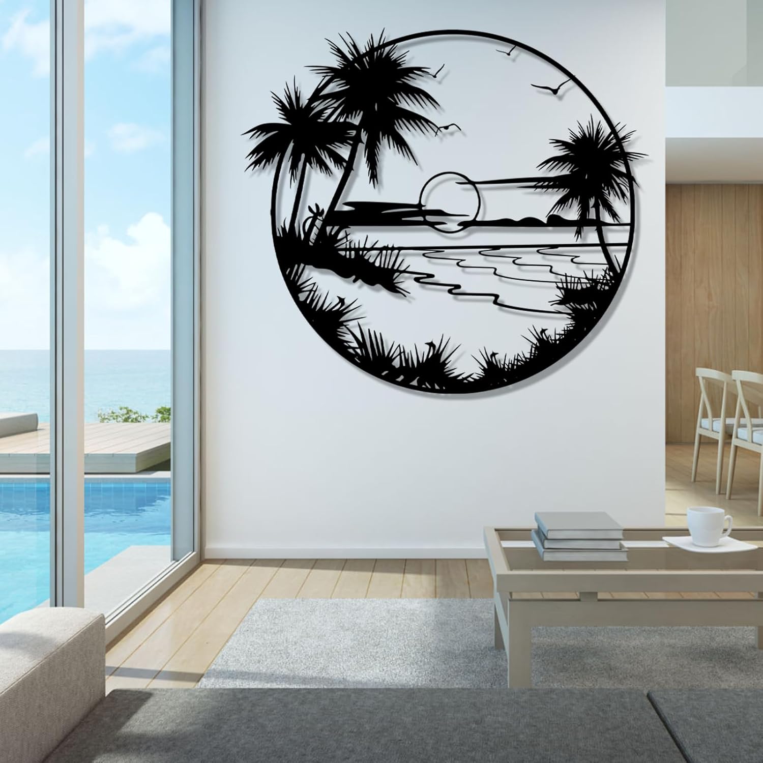 Palm Tree Metal Wall Art, Coastal Metal Wall Art, Beach Sunset Wall Art, Tropical Metal Wall Art, Beach Wall Decor, Metal Palm Trees for Outside, Metal Wall Art for Living Room, Bedroom (Black, 30"x27" |76x68cm, metal wall art)