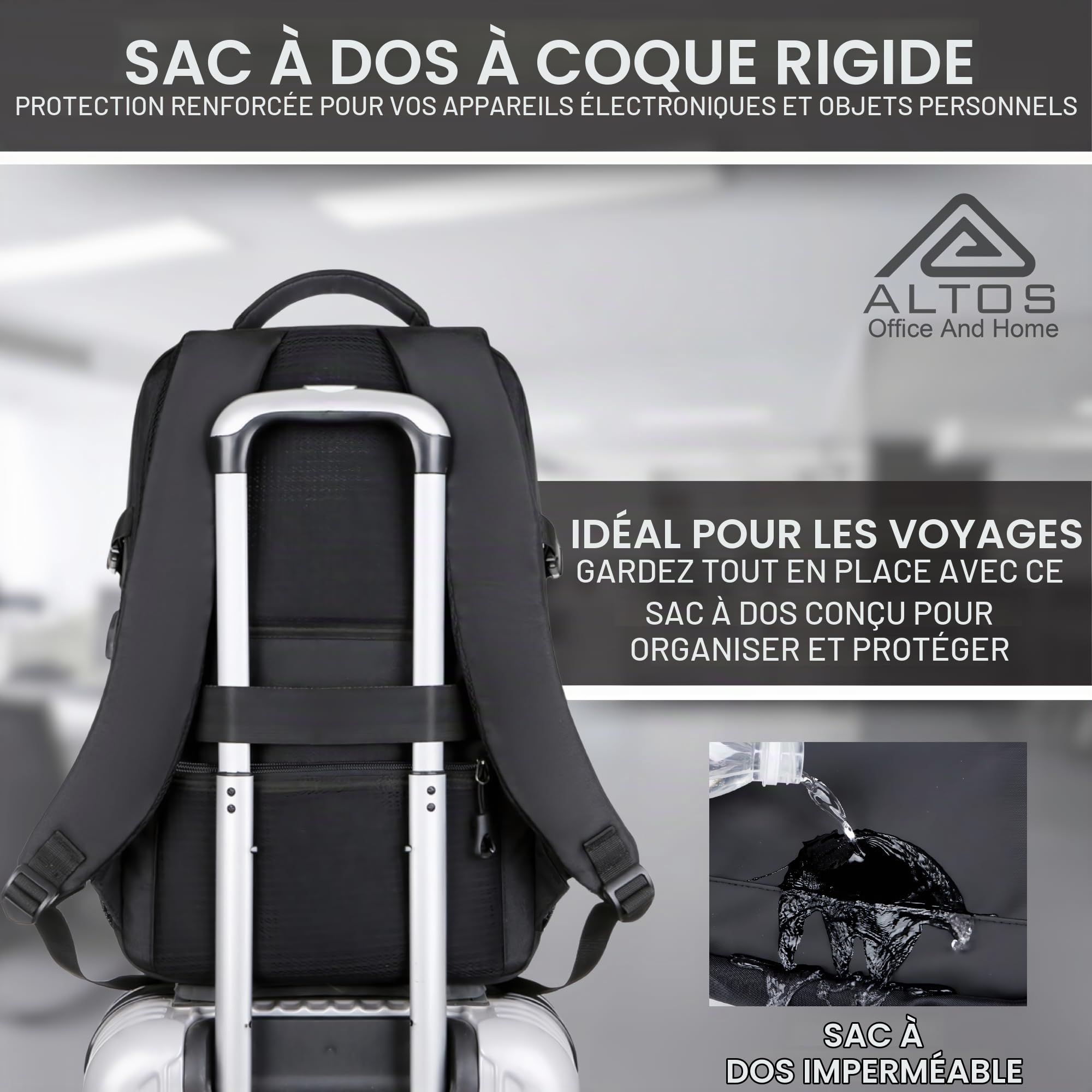 ALTOS OFFICE AND HOME Sac à dos pour ordinateur portable, voyage d'affaires et d'étude, port USB, ordinateur portable jusqu'à 15,6", noir, antivol, idéal pour la randonnée, imperméable, résistant aux