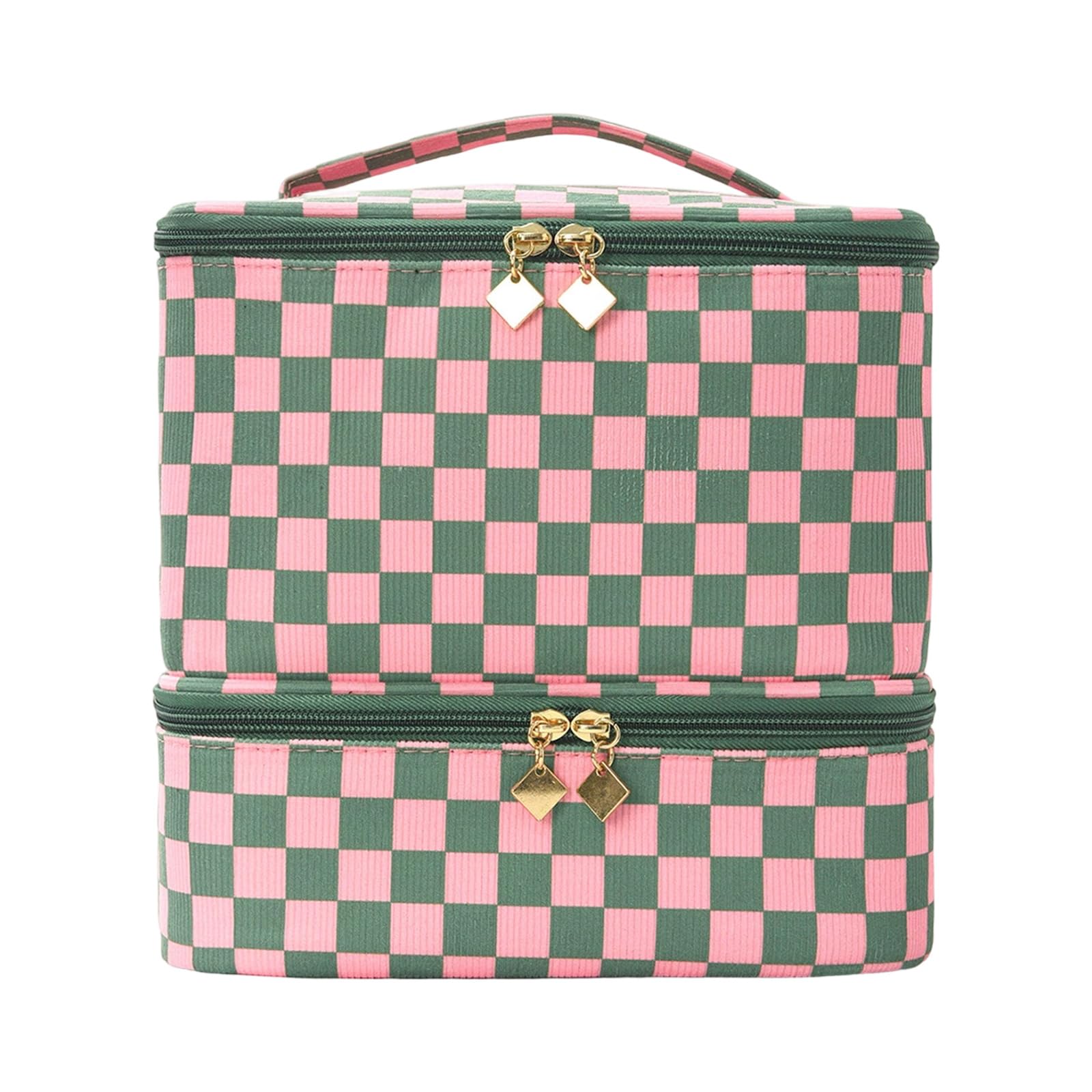 NVOQILIN Spacious Checkered Cosmetics Holder for Polish Products and Accessories Featuring 2 Layers Vintage Framework Cosmetic Bag