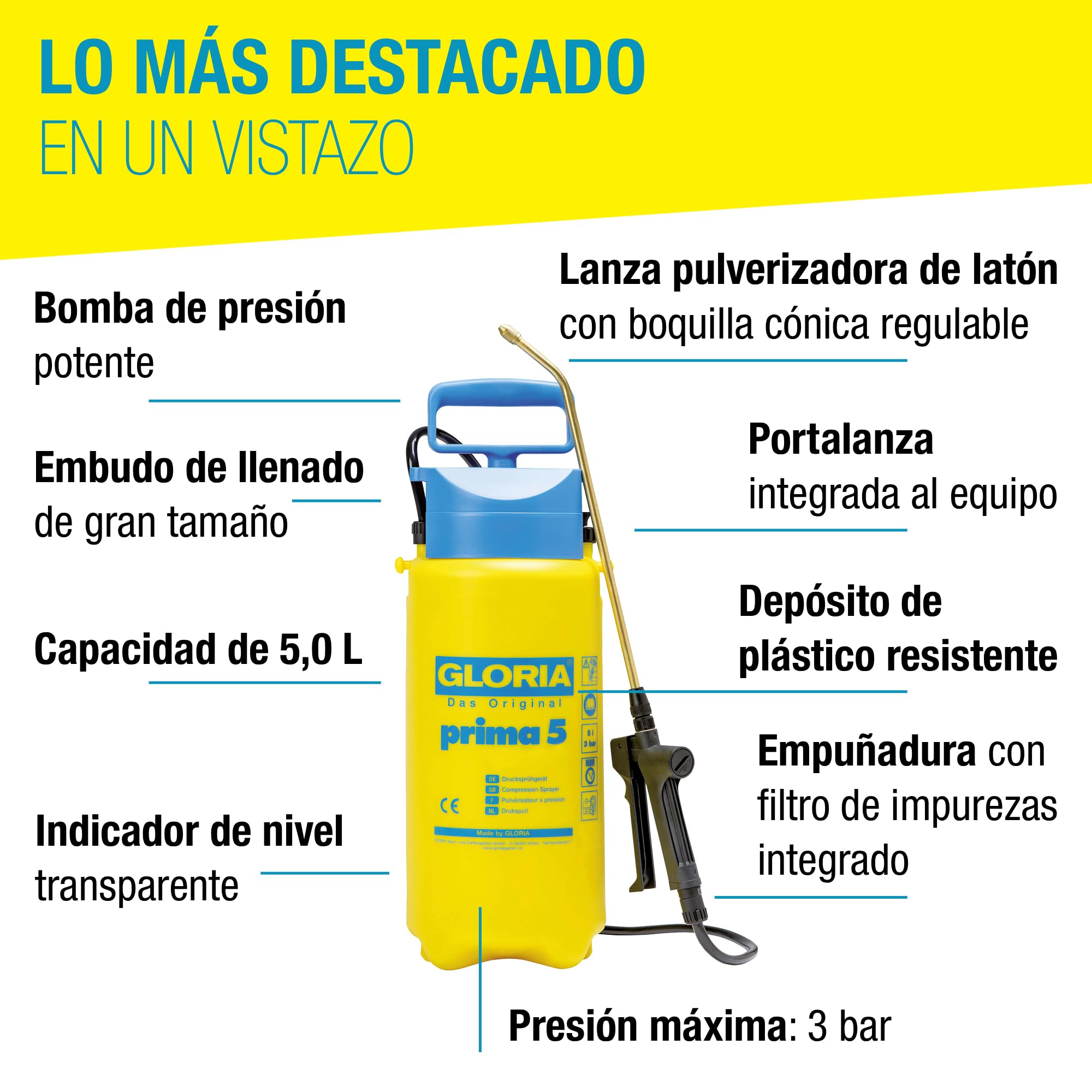 Gloria Pulverizador a presión Prima 5 | Pulverizador/rociador de jardín para la protección de Las Plantas | Capacidad de llenado 5 L | Boquilla de latón Regulable