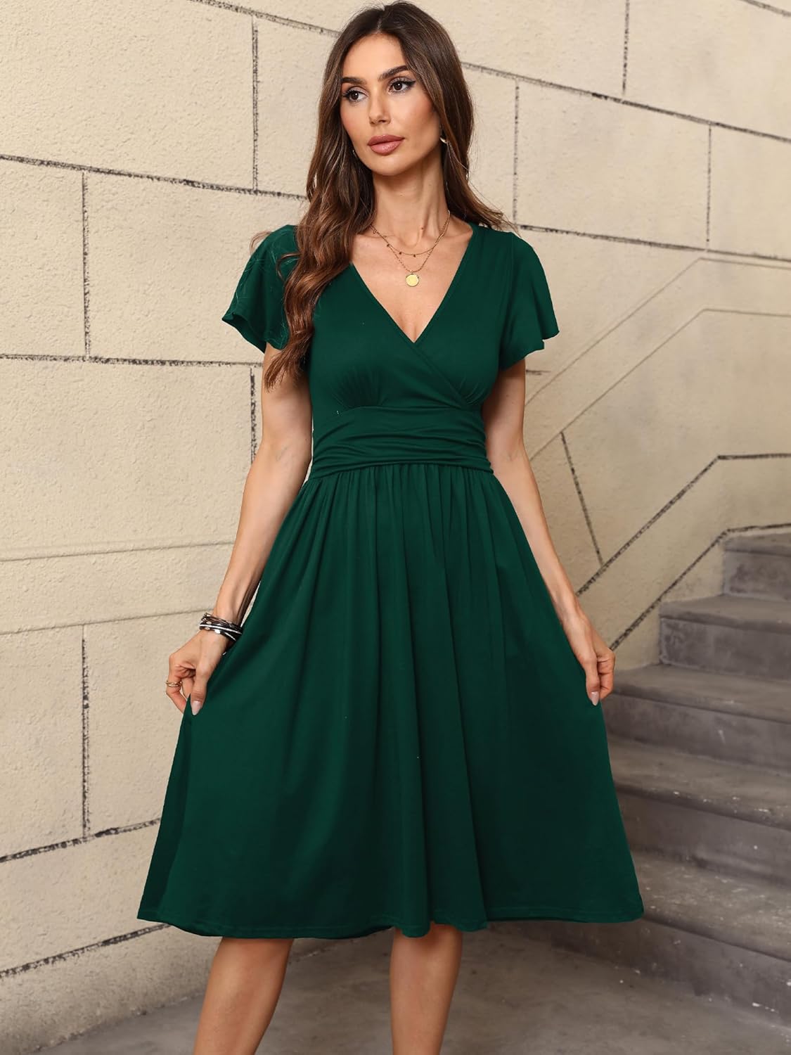 Women's Spring Casual Ruffle Short Sleeve Wrap V-Neck A-Line Loose Fit Swing Party Work Midi Dress with Pockets - Image 5
