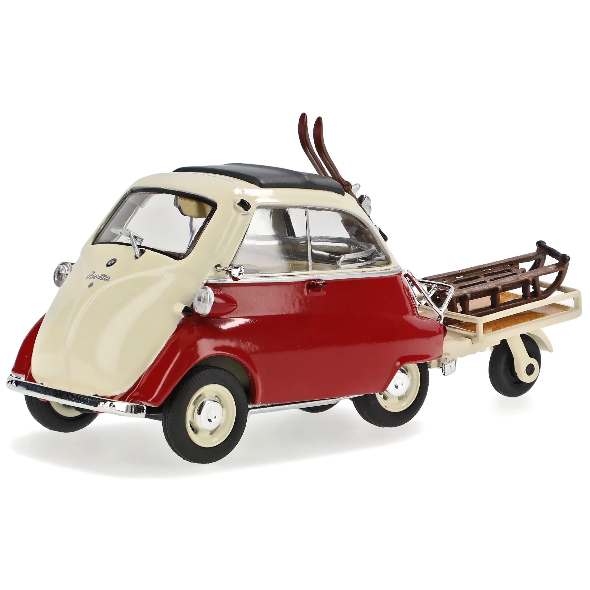 Generisch B*M*W Isetta mit Anhänger Wintersport Rot mit Skier und Schlitten 1955-1962 1/43 Modell Auto
